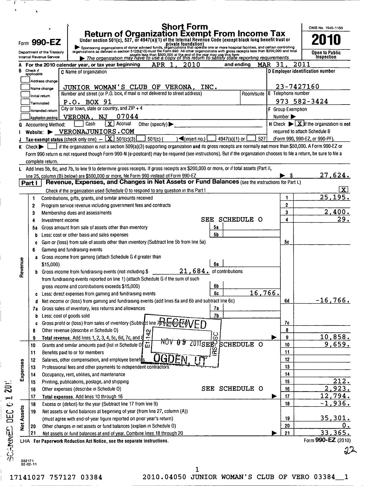 Image of first page of 2010 Form 990EZ for Junior Womens Club of Verona