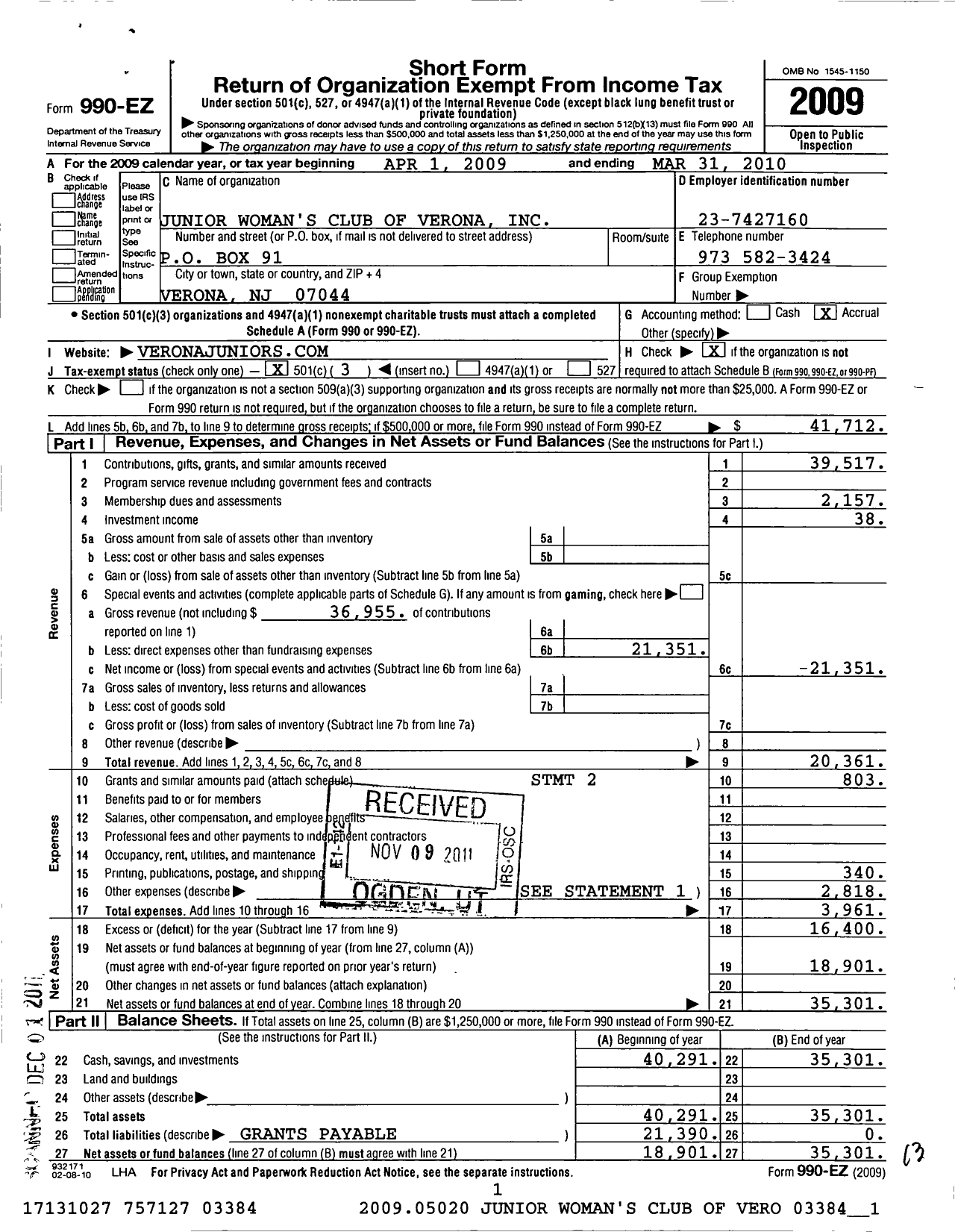 Image of first page of 2009 Form 990EZ for Junior Womens Club of Verona