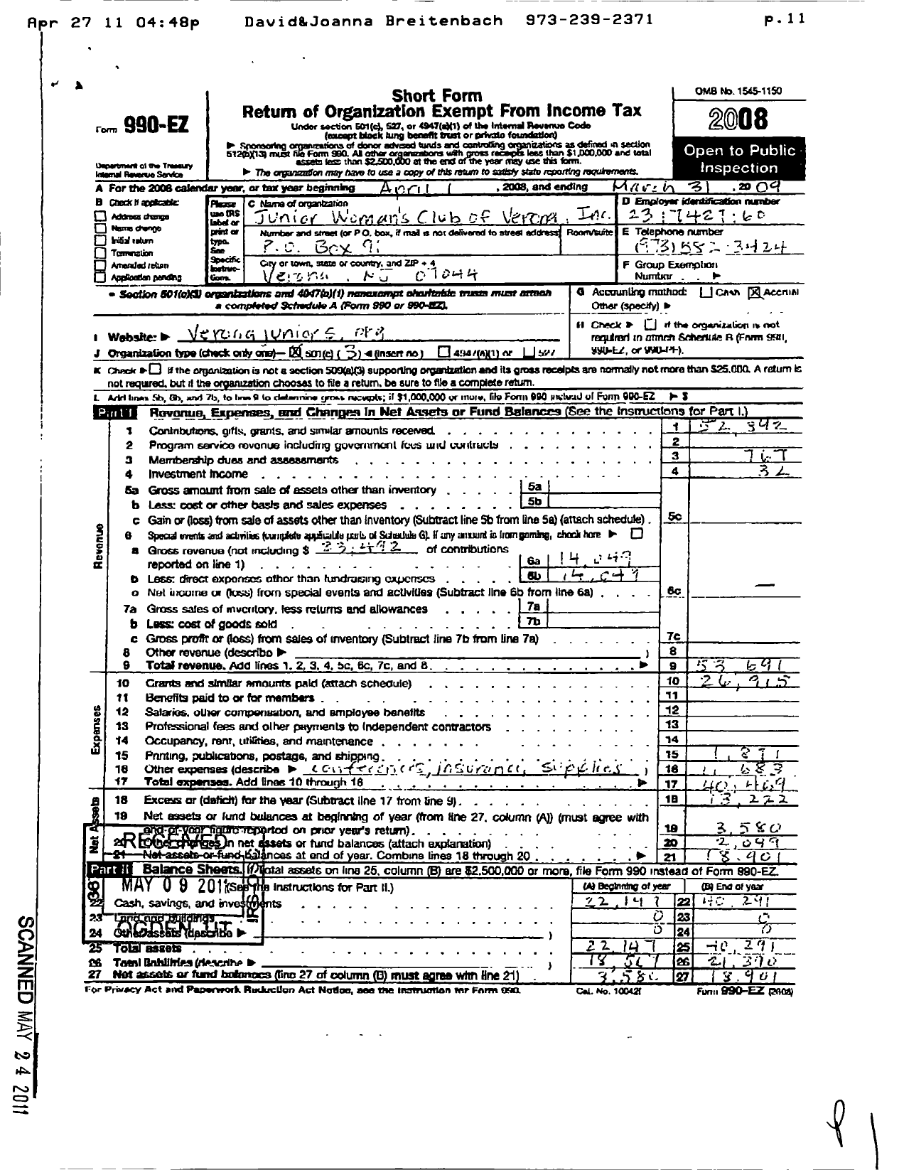 Image of first page of 2008 Form 990EZ for Junior Womens Club of Verona