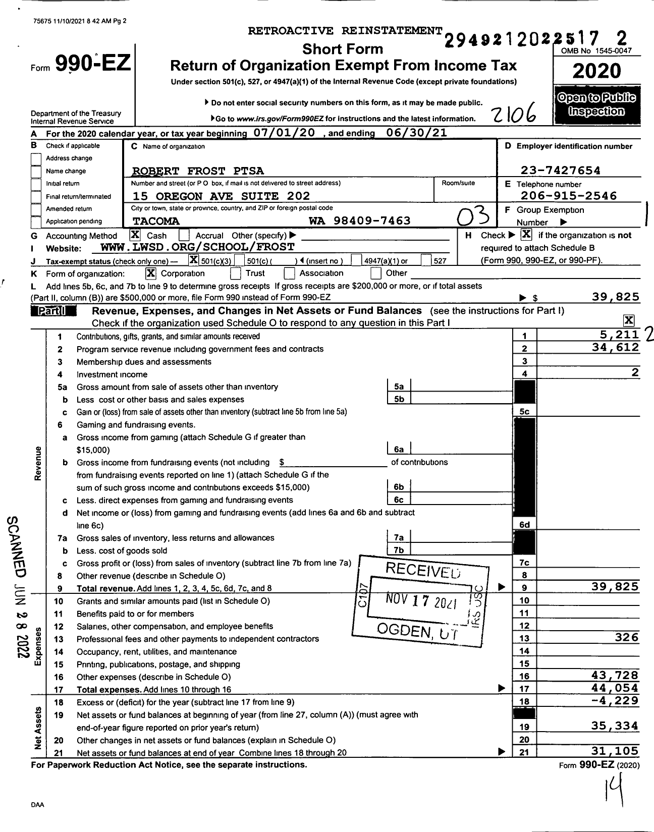 Image of first page of 2020 Form 990EZ for Robert Frost Ptsa