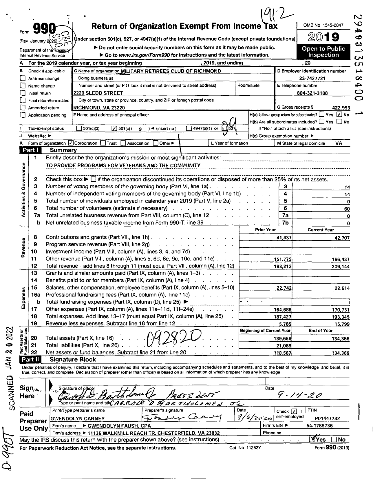 Image of first page of 2019 Form 990O for Military Retirees Club of Richmond