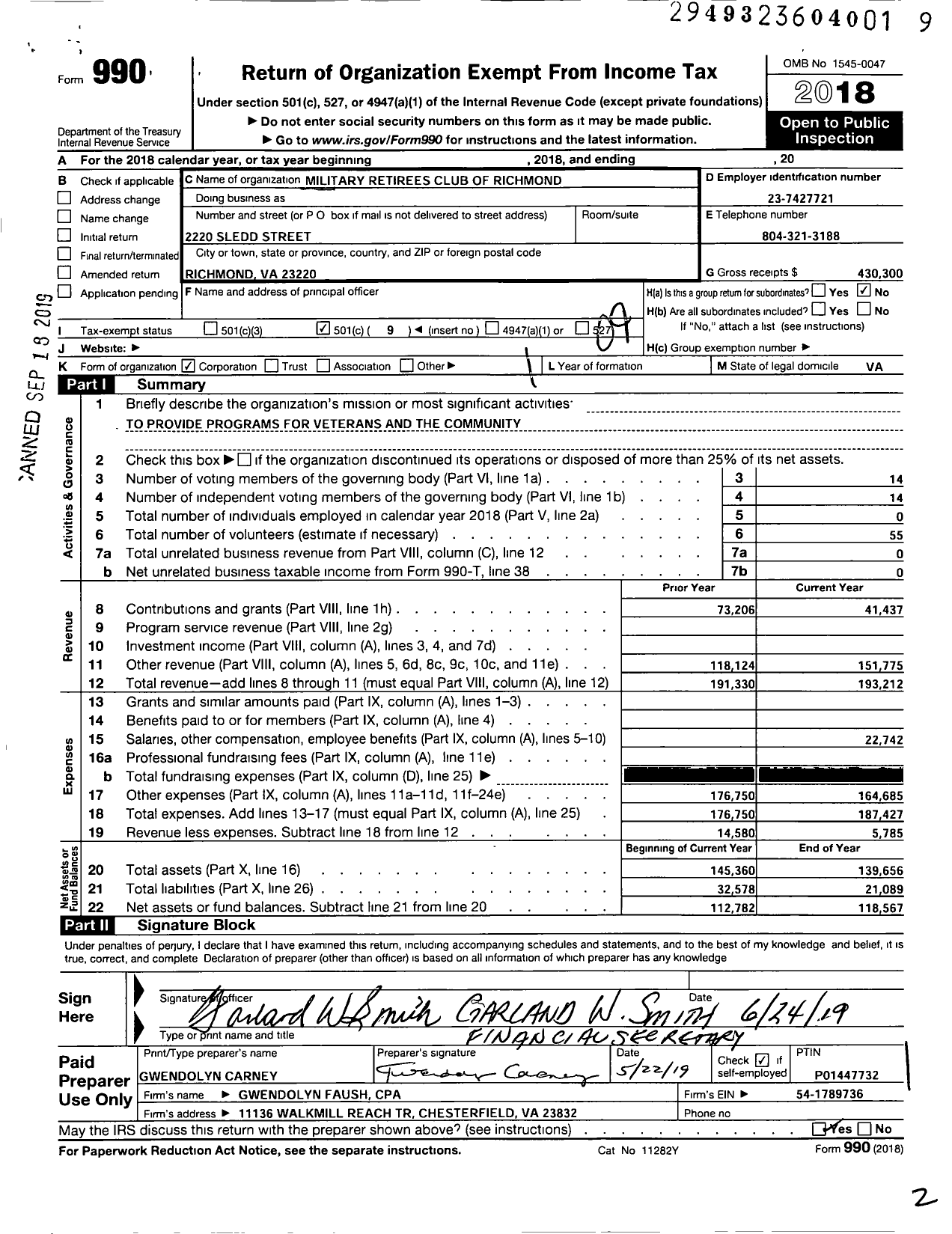 Image of first page of 2018 Form 990O for Military Retirees Club of Richmond