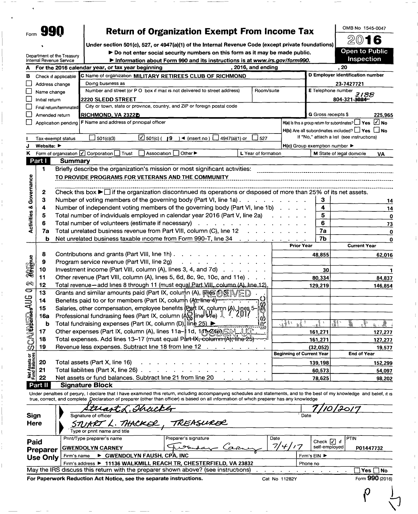 Image of first page of 2016 Form 990O for Military Retirees Club of Richmond