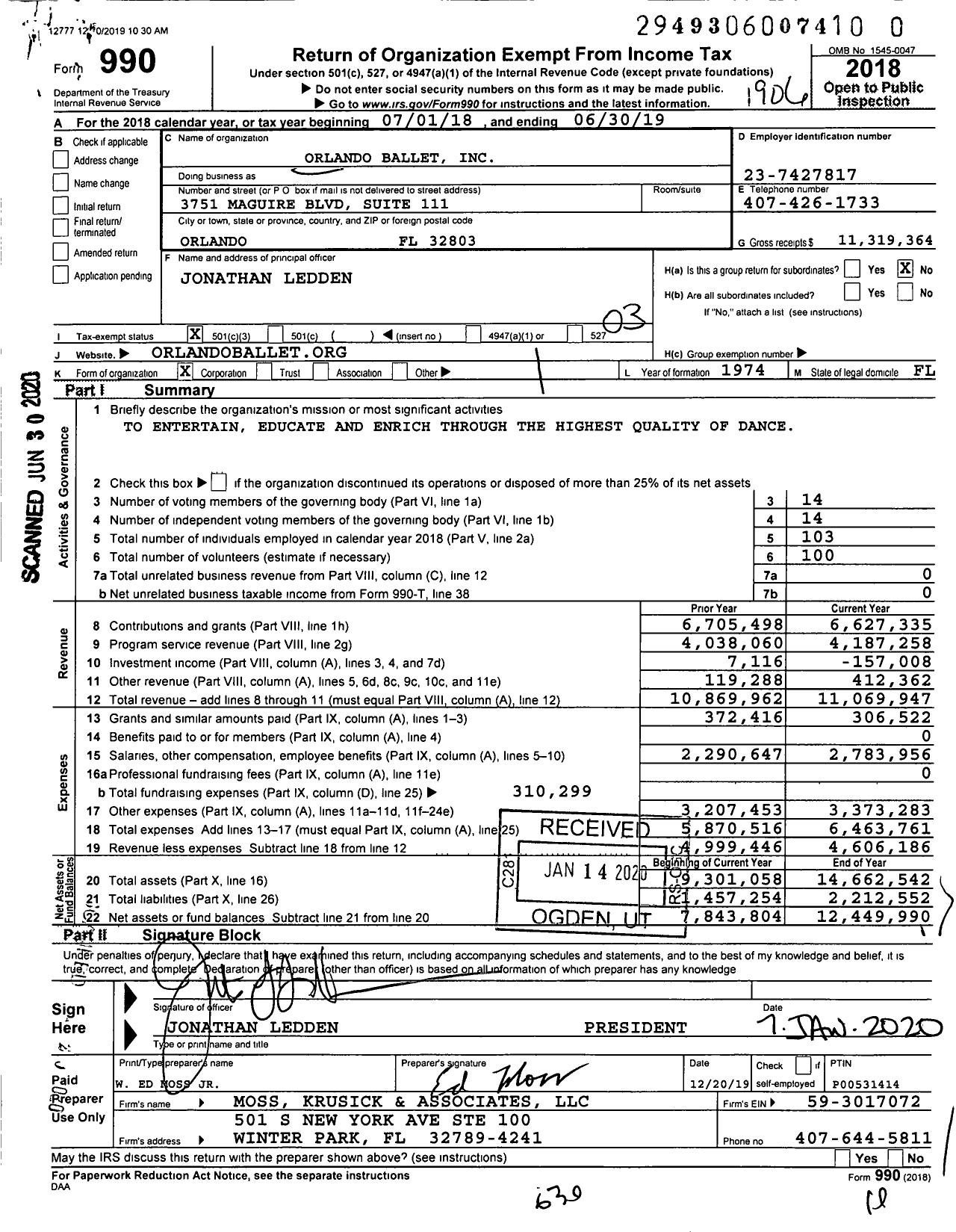 Image of first page of 2018 Form 990 for Orlando Ballet