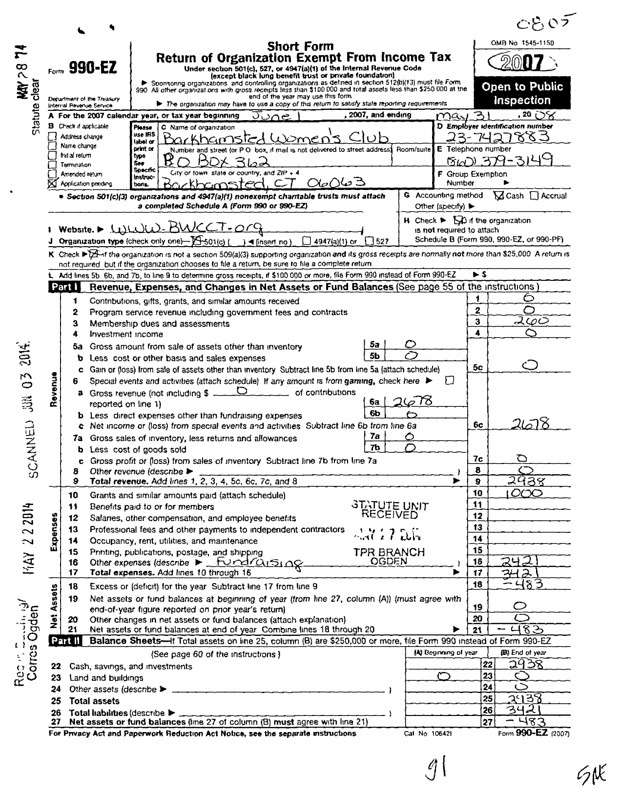 Image of first page of 2007 Form 990EO for Barkhamsted Womens Club