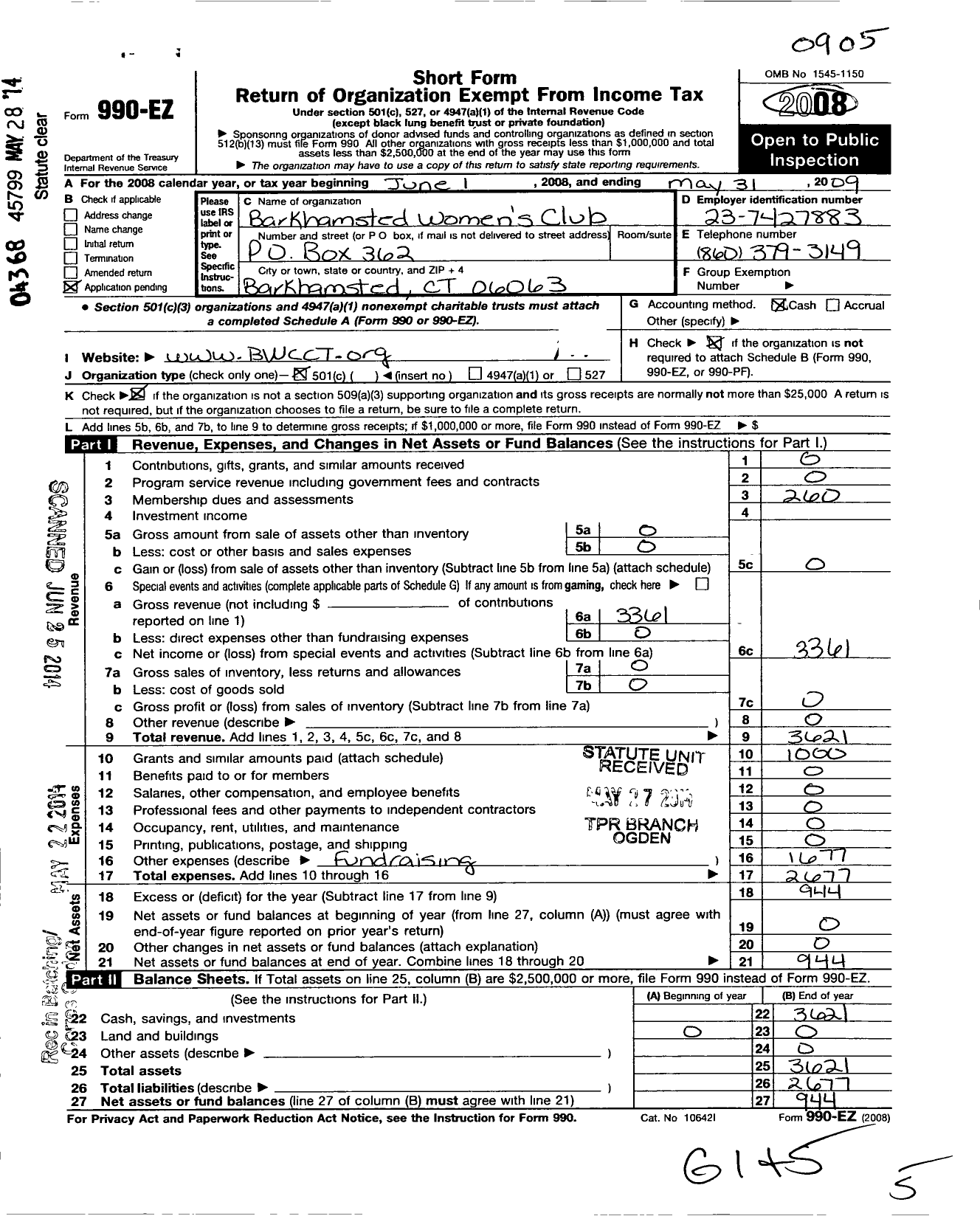 Image of first page of 2008 Form 990EO for Barkhamsted Womens Club