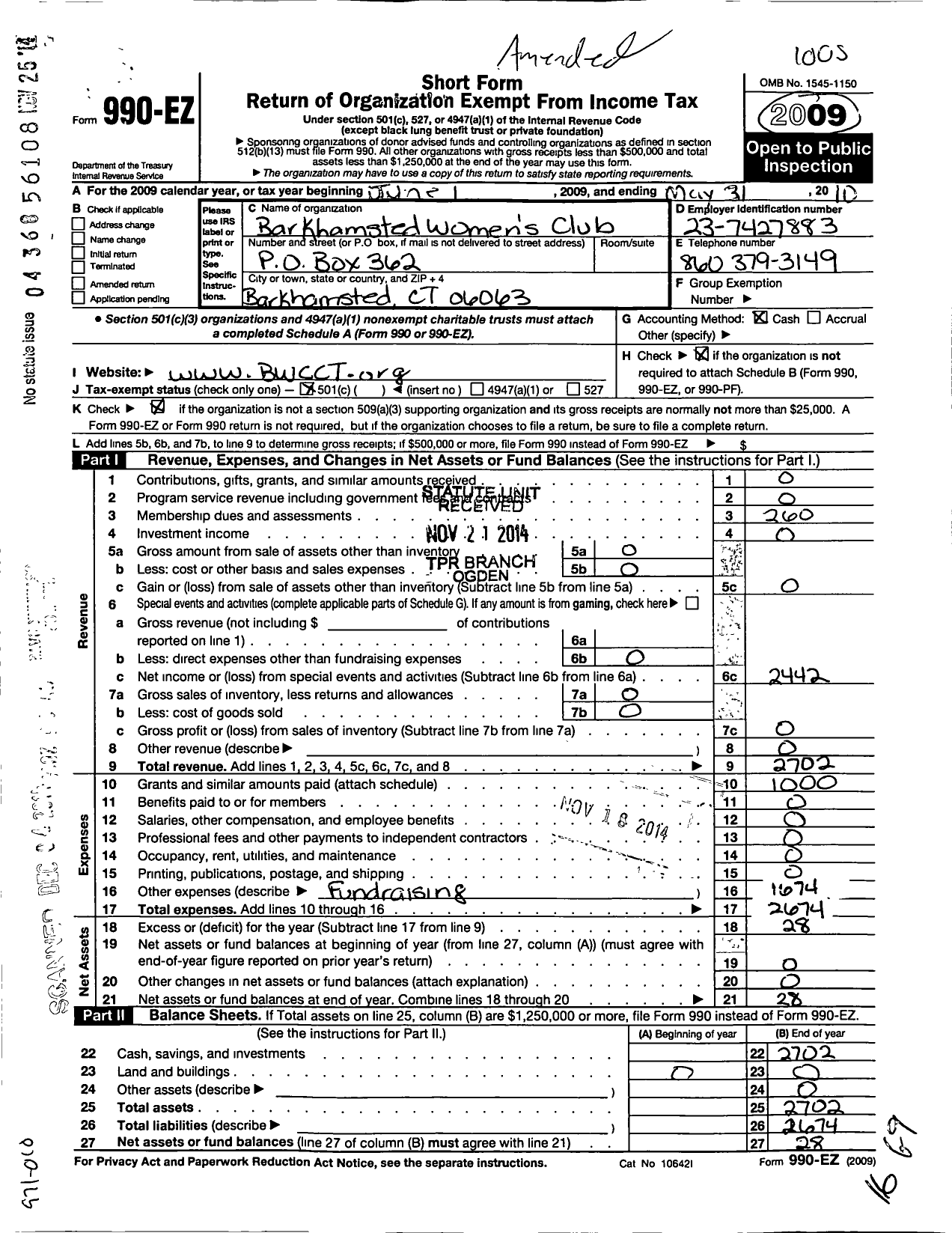 Image of first page of 2009 Form 990EO for Barkhamsted Womens Club