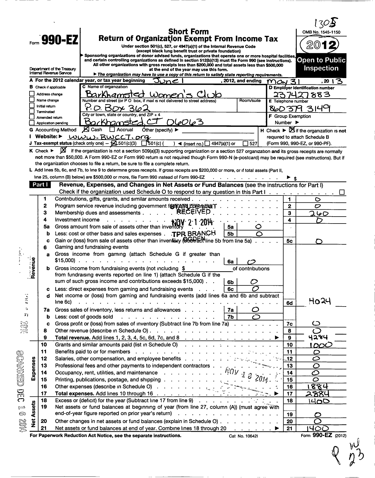 Image of first page of 2012 Form 990EZ for Barkhamsted Womens Club