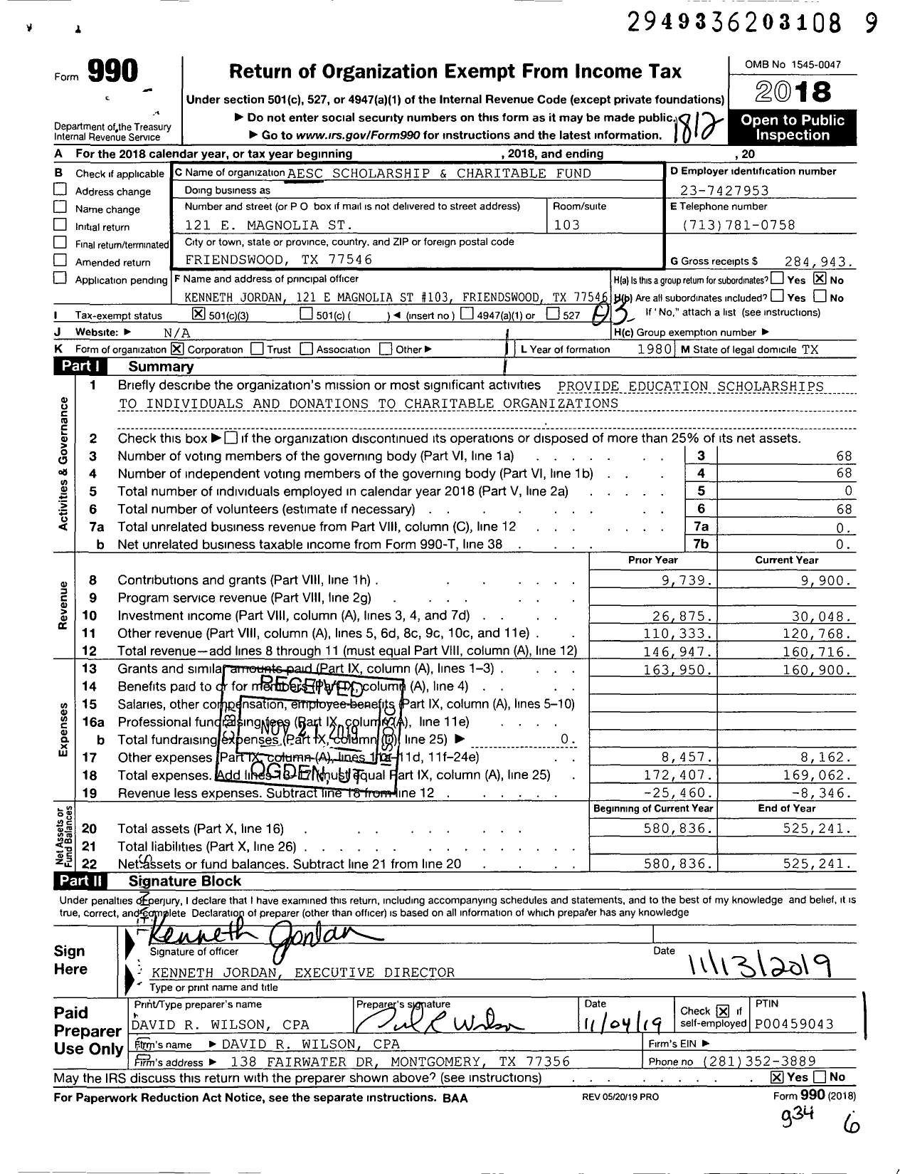 Image of first page of 2018 Form 990 for Aesc Scholarship and Charitable Fund