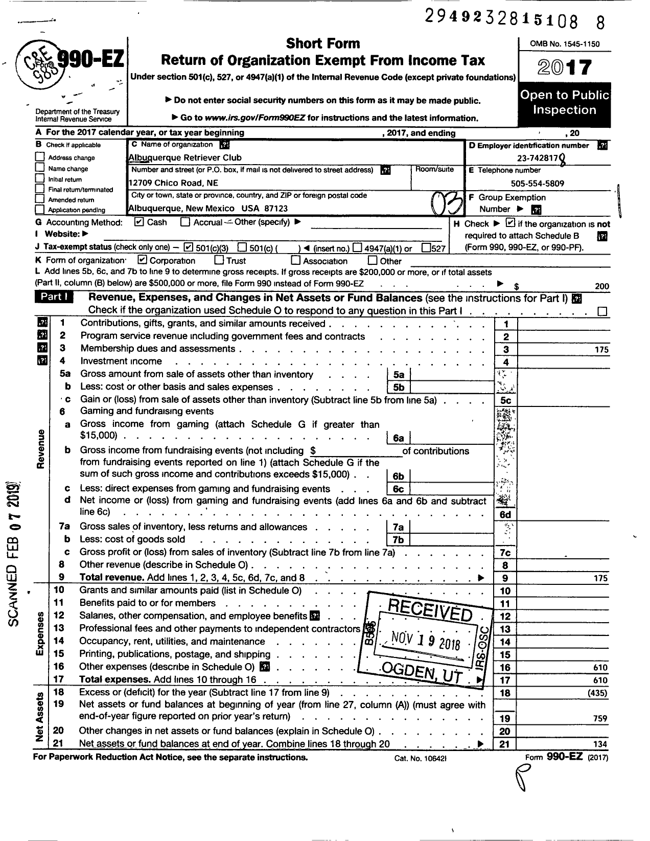 Image of first page of 2017 Form 990EZ for Albuquerque Retriever Club