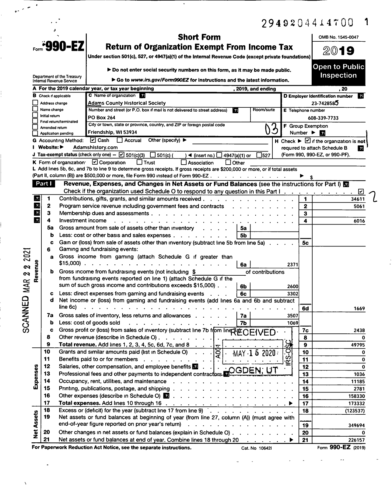 Image of first page of 2019 Form 990EZ for Adams County Historical Society