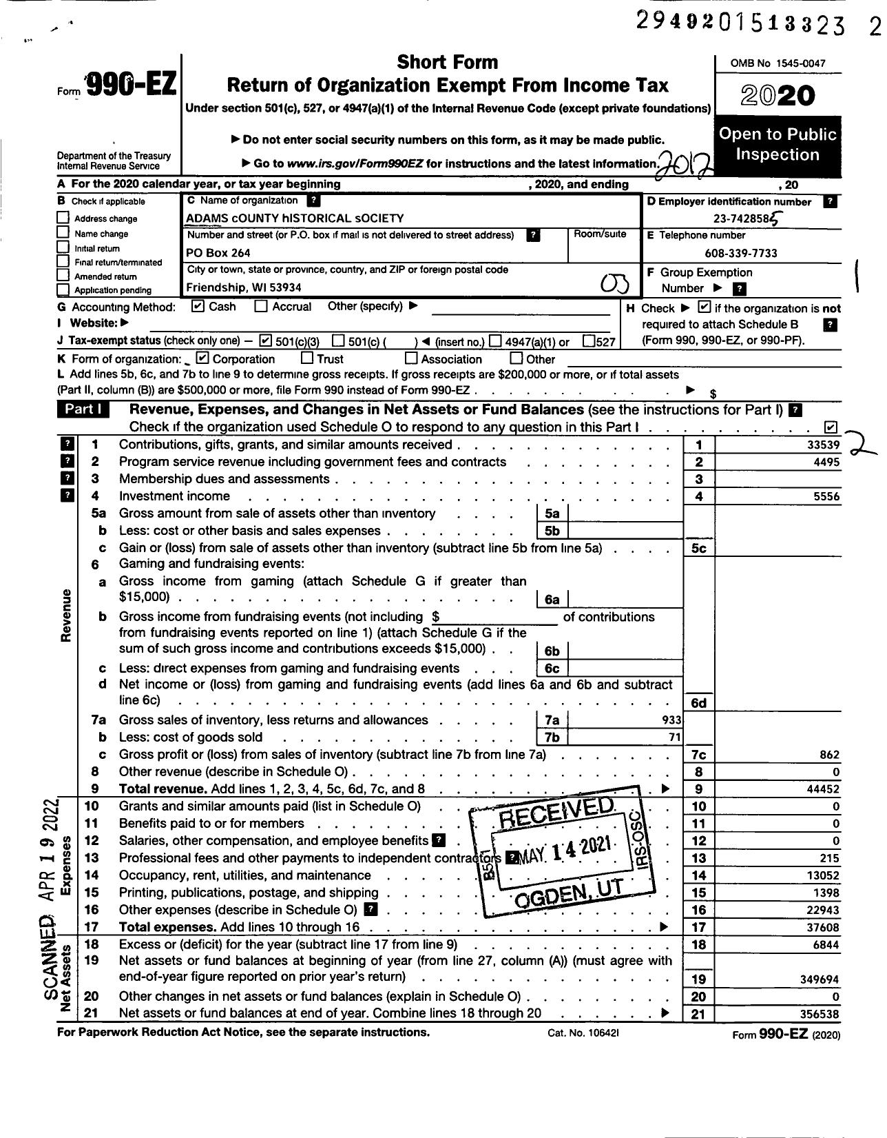 Image of first page of 2020 Form 990EZ for Adams County Historical Society