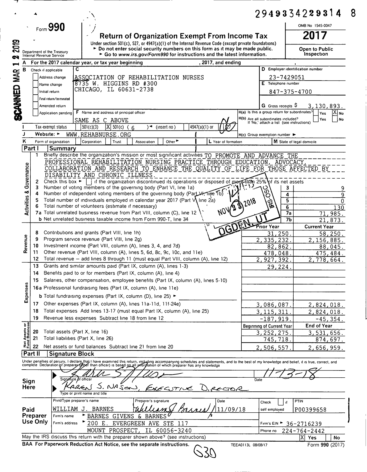 Image of first page of 2017 Form 990O for Association of Rehabilitation Nurses (ARN)