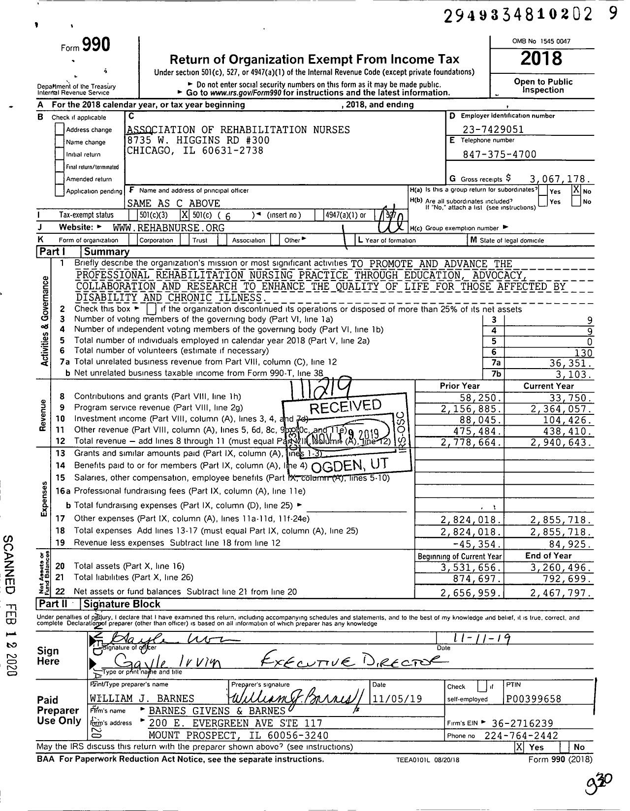 Image of first page of 2018 Form 990O for Association of Rehabilitation Nurses (ARN)