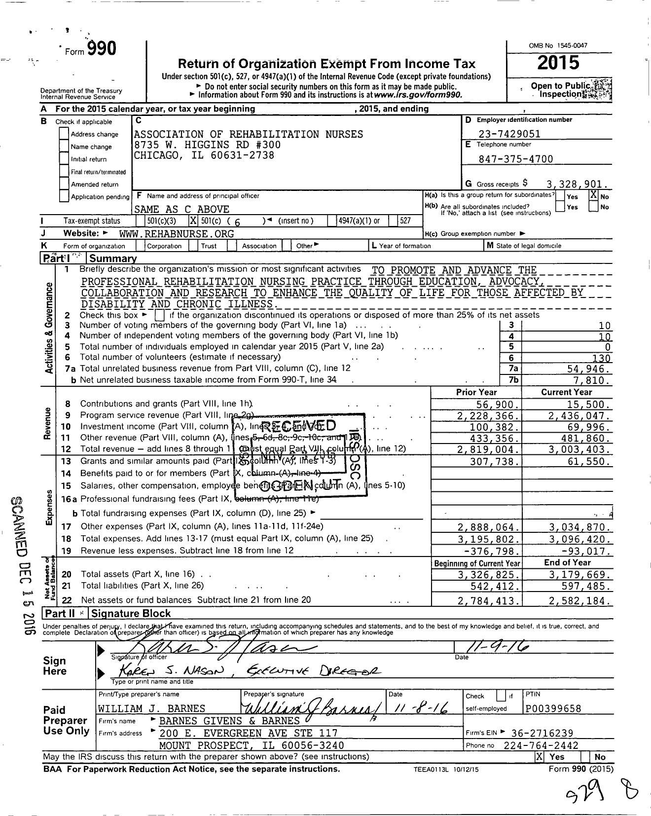 Image of first page of 2015 Form 990O for Association of Rehabilitation Nurses (ARN)