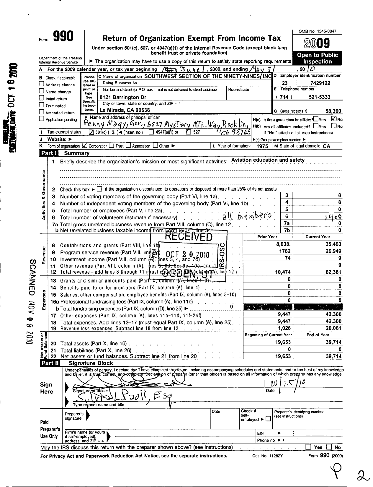 Image of first page of 2009 Form 990 for Southwest Section of the Ninety-Nines / Air Hearts Utah 99s Chapter