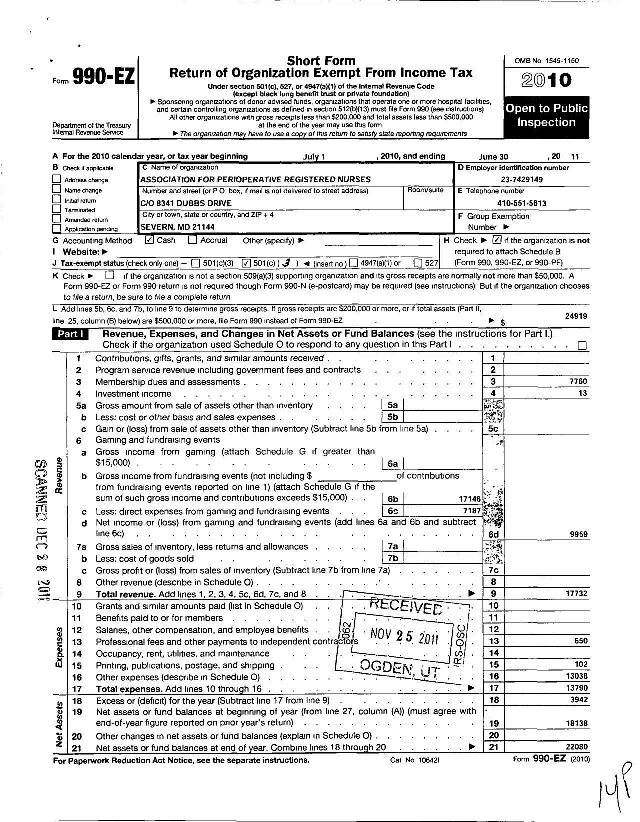 Image of first page of 2010 Form 990EZ for Association of Operating Room Nurses