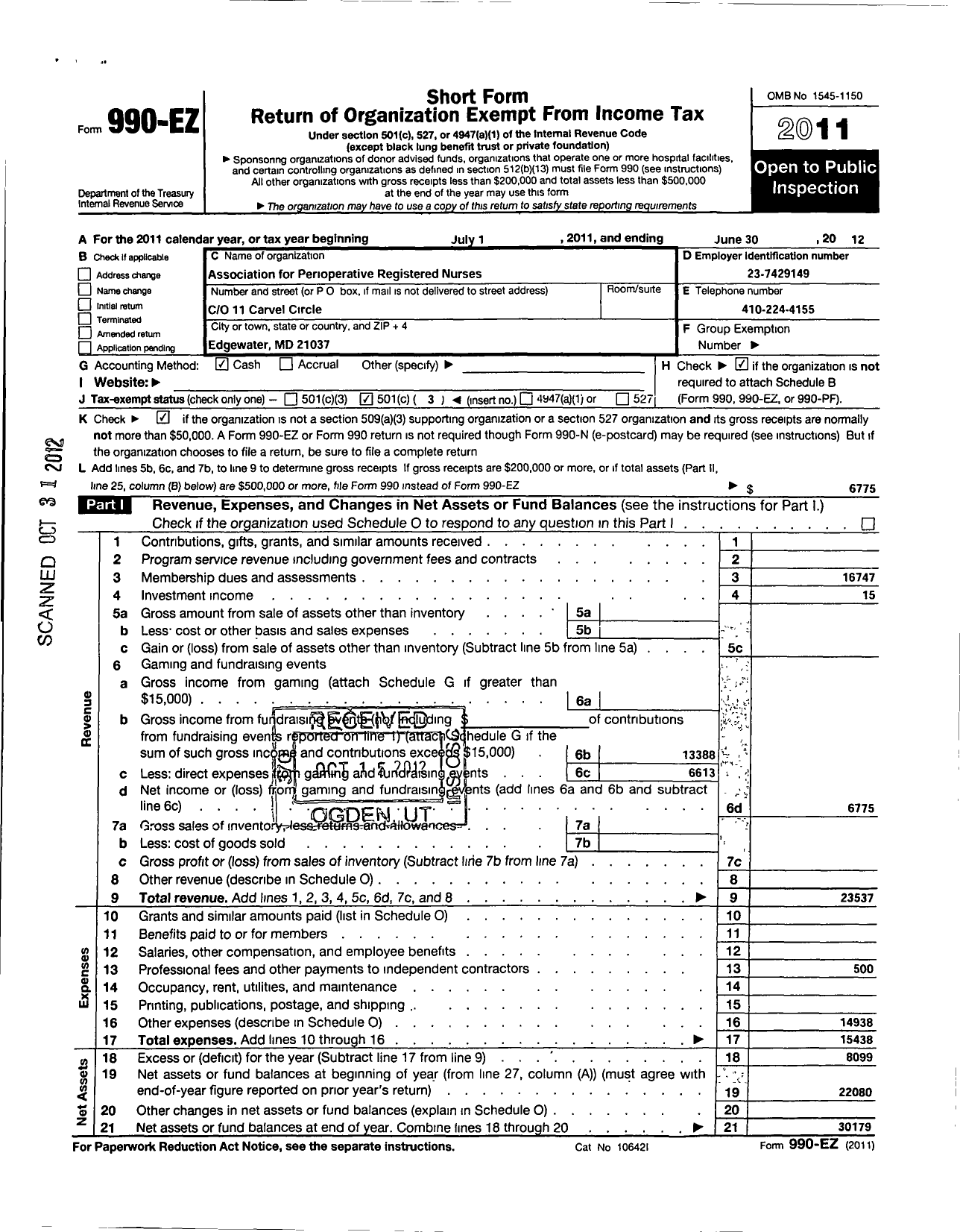 Image of first page of 2011 Form 990EZ for Association of Operating Room Nurses