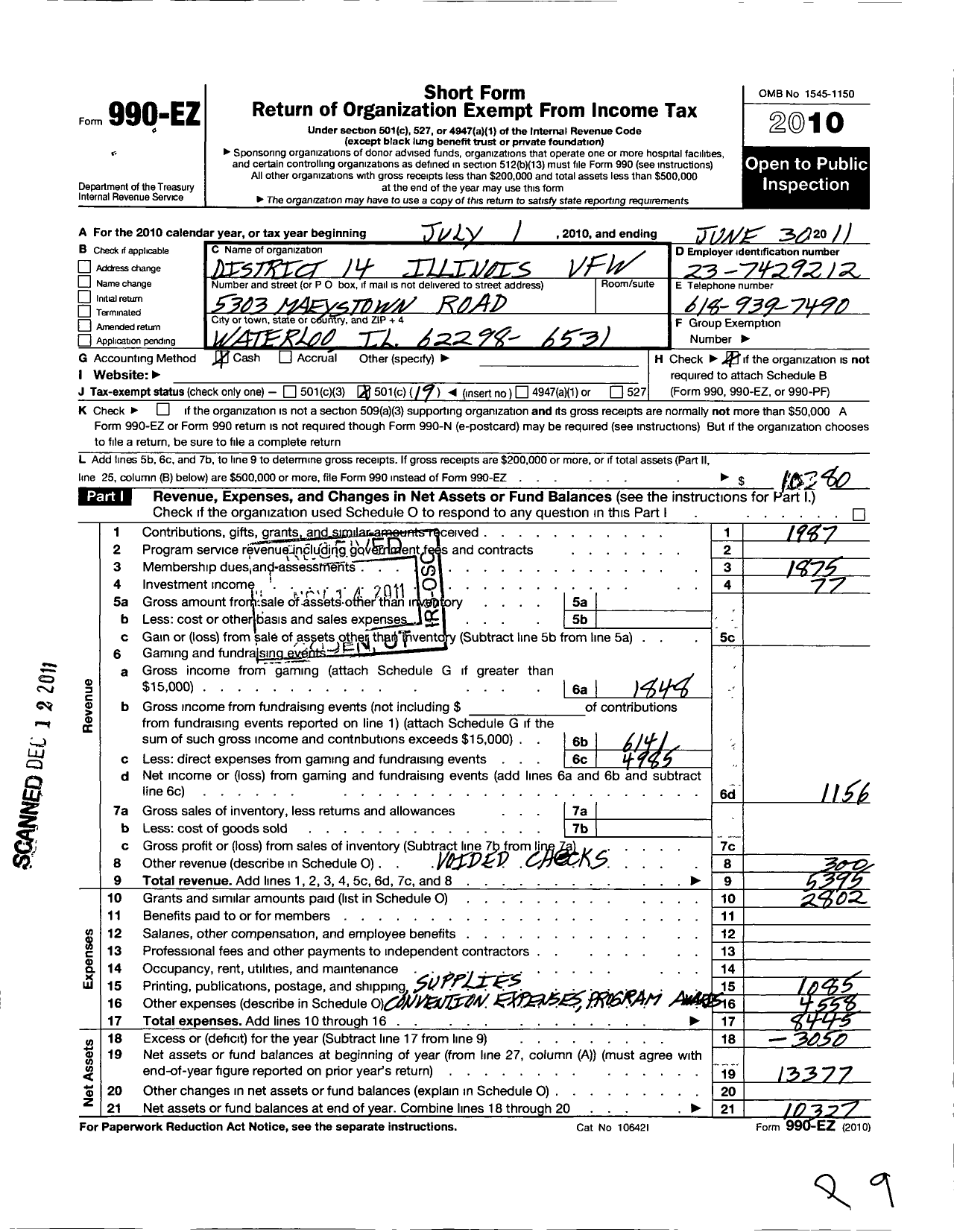 Image of first page of 2010 Form 990EO for VFW Dept of Illinois - District 14