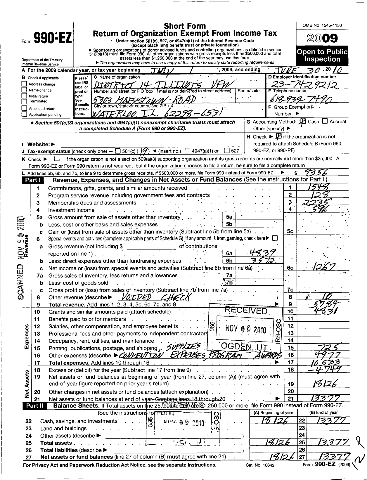 Image of first page of 2009 Form 990EO for VFW Dept of Illinois - District 14