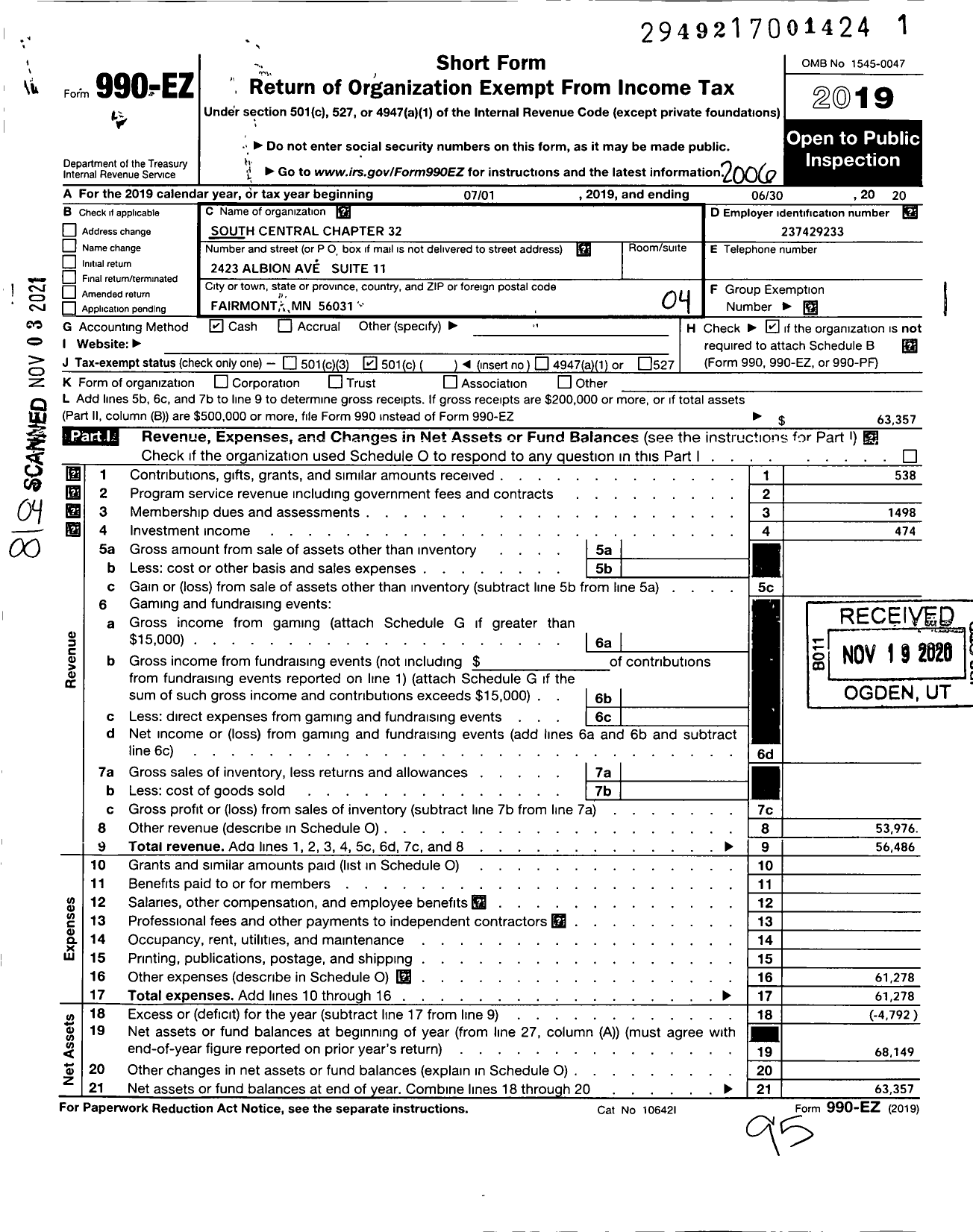 Image of first page of 2019 Form 990EO for Disabled American Veterans - 32 South Central