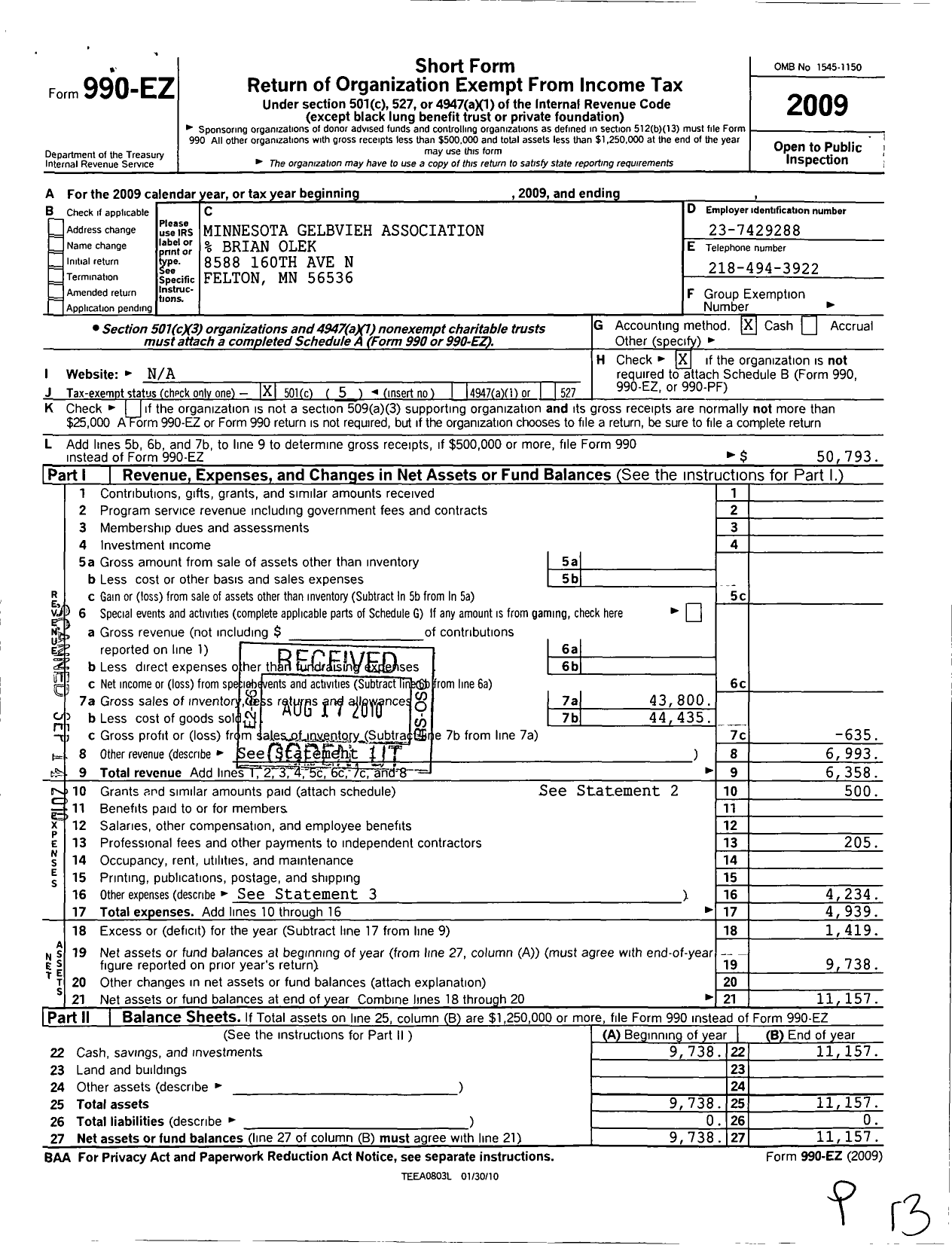 Image of first page of 2009 Form 990EO for Minnesota Gelbvieh Association