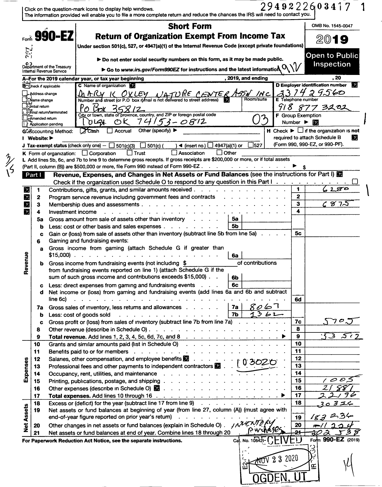 Image of first page of 2019 Form 990EZ for Mary K Oxley Nature Center