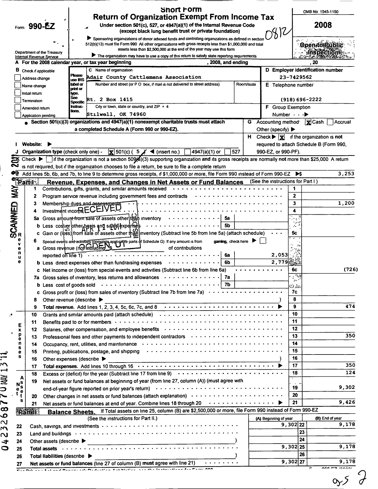 Image of first page of 2008 Form 990EO for Adair County Cattlemans Association