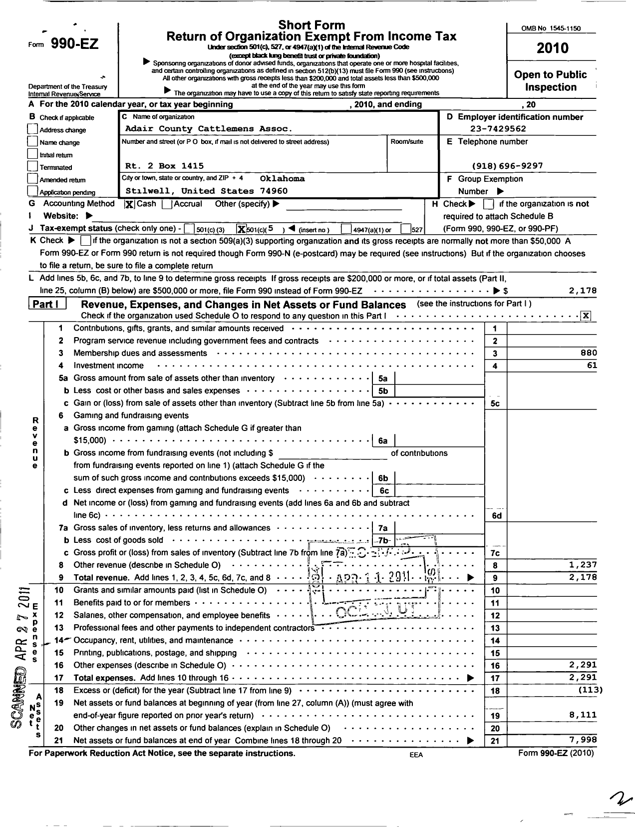 Image of first page of 2010 Form 990EO for Adair County Cattlemans Association