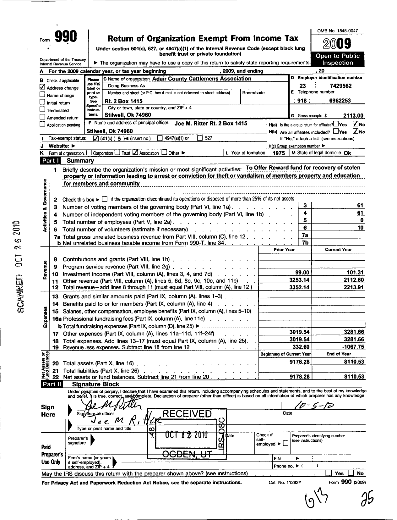 Image of first page of 2009 Form 990O for Adair County Cattlemans Association