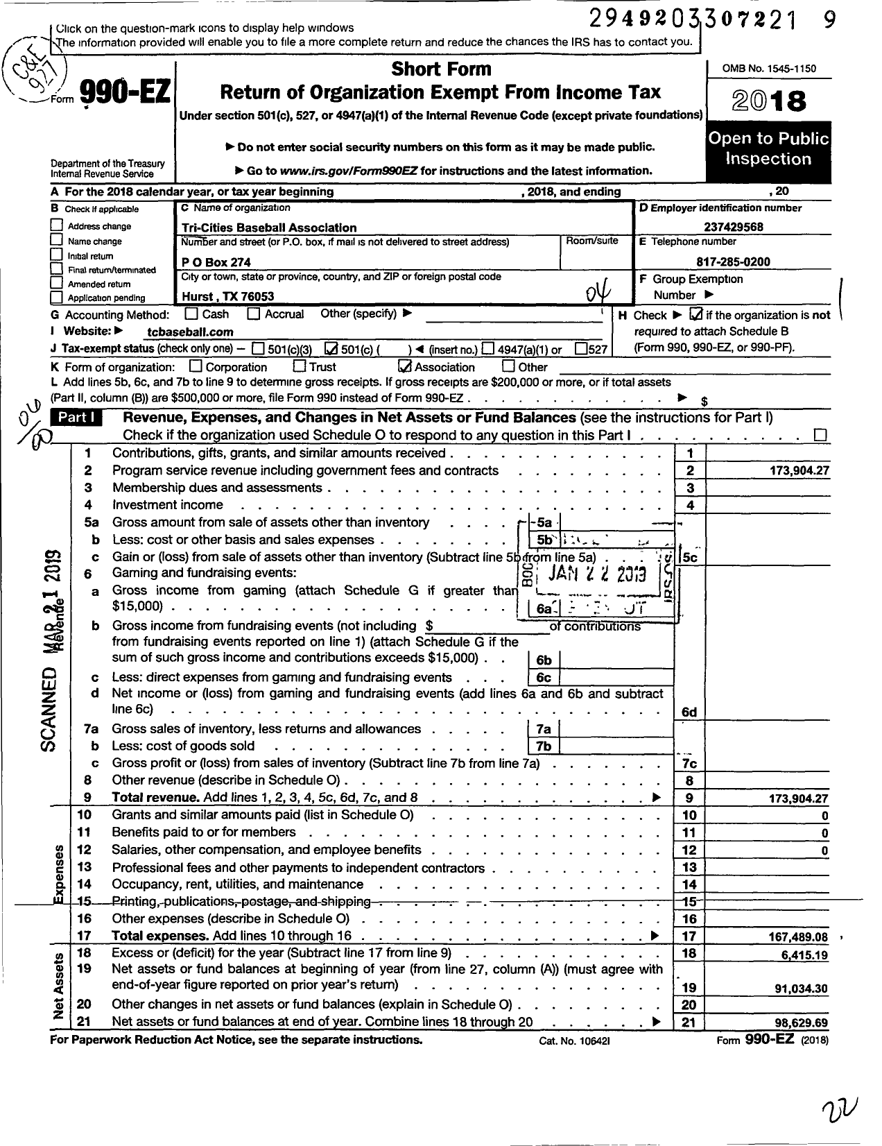 Image of first page of 2018 Form 990EO for Tri-Cities Baseball Association