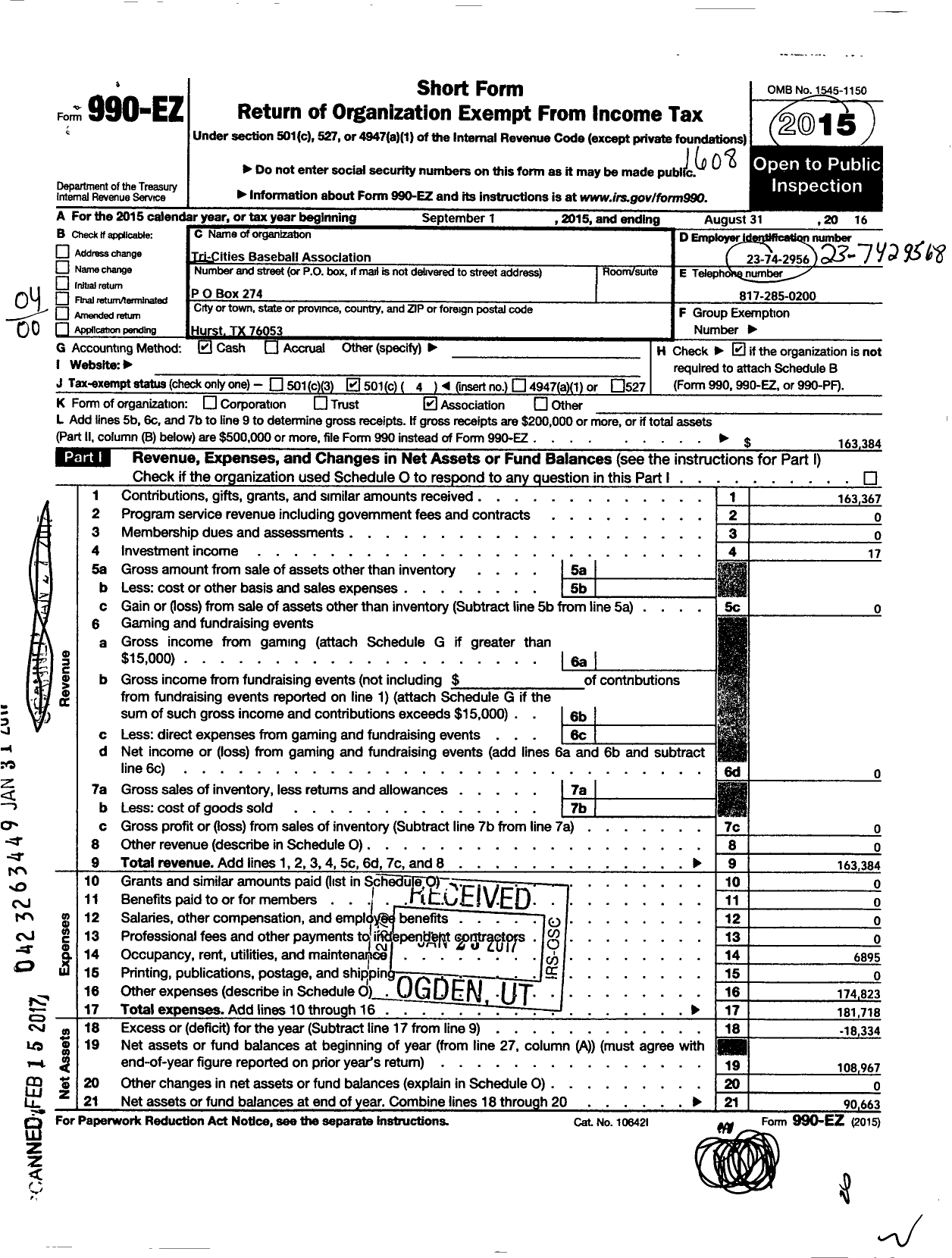 Image of first page of 2015 Form 990EO for Tri-Cities Baseball Association