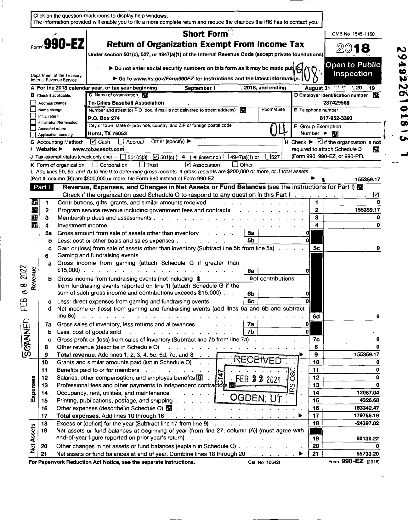 Image of first page of 2018 Form 990EO for Tri-Cities Baseball Association