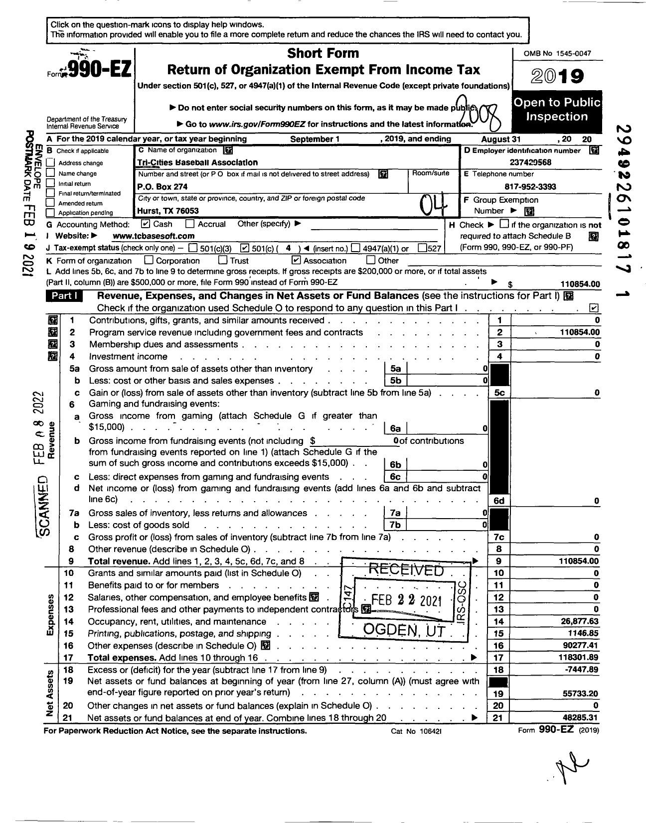 Image of first page of 2019 Form 990EO for Tri-Cities Baseball Association