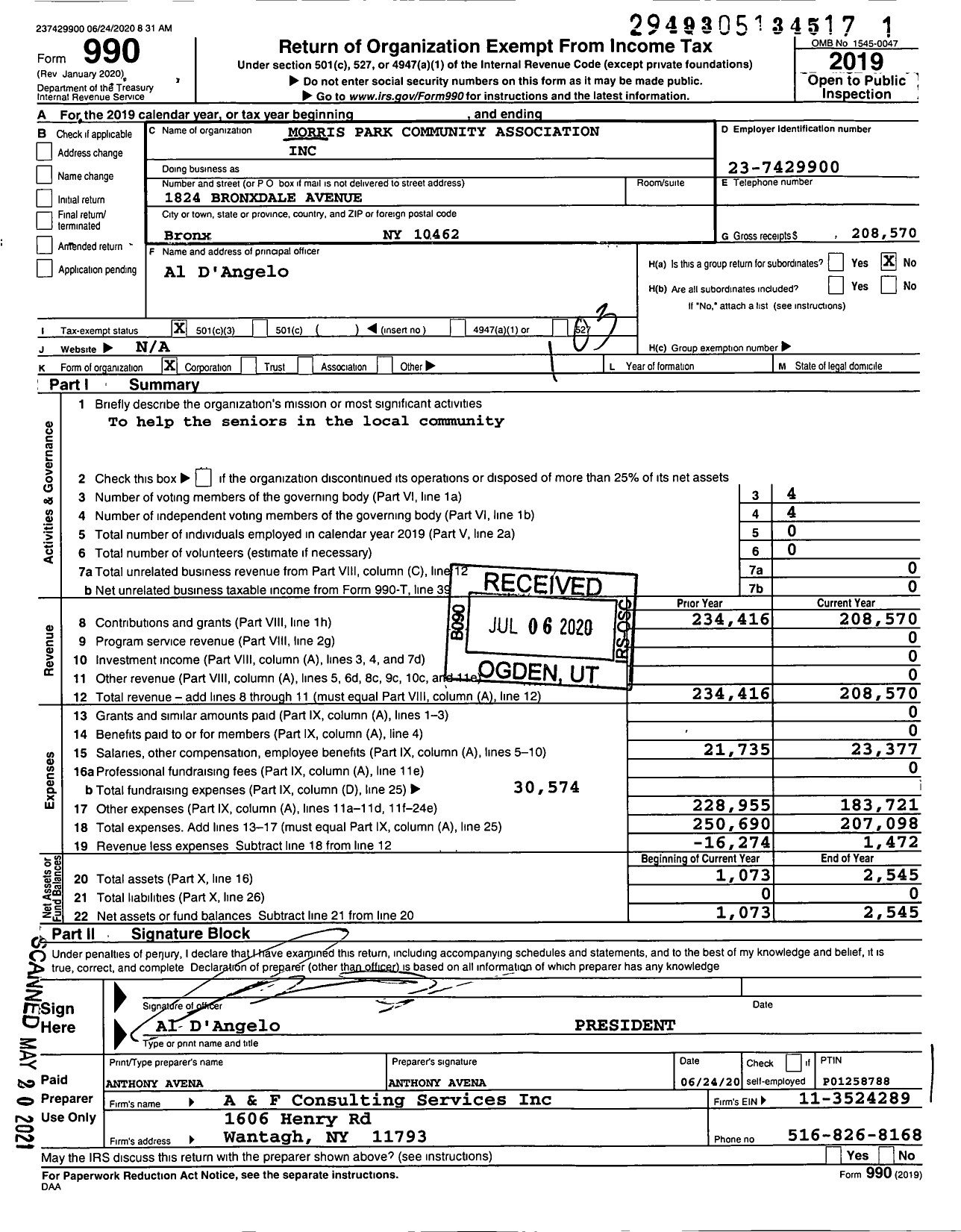 Image of first page of 2019 Form 990 for Morris Park Community Association