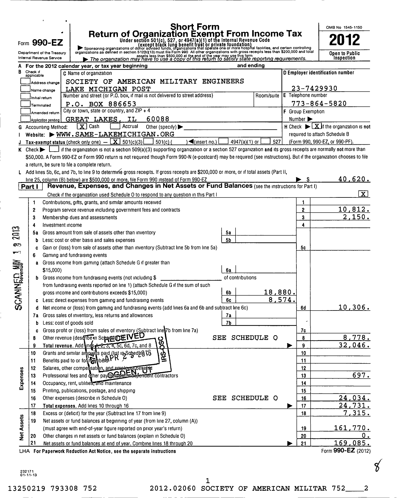 Image of first page of 2012 Form 990EZ for Society of American Military Engineers / S A M E Lake Michigan Post