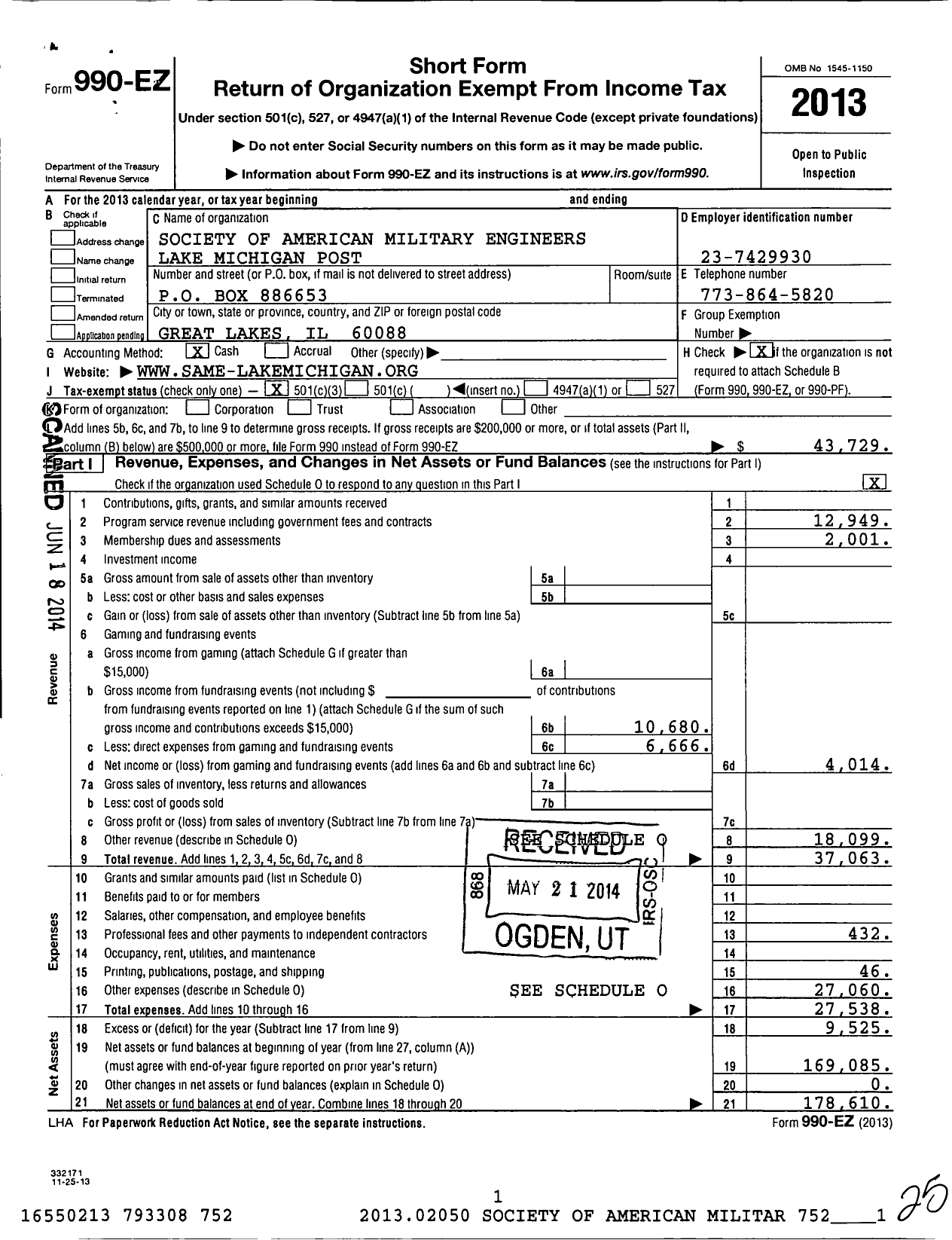 Image of first page of 2013 Form 990EZ for Society of American Military Engineers / S A M E Lake Michigan Post