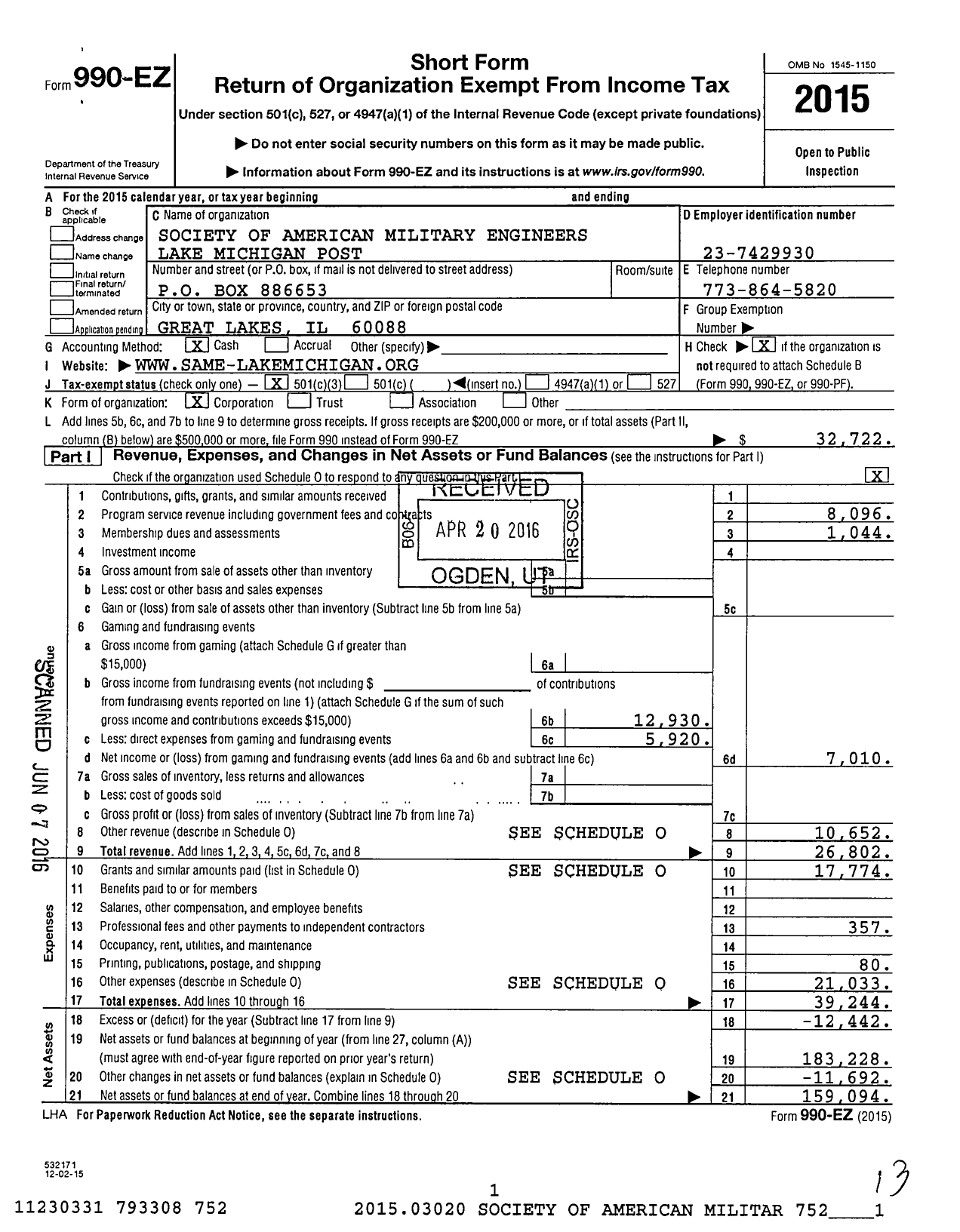 Image of first page of 2015 Form 990EZ for Society of American Military Engineers / S A M E Lake Michigan Post