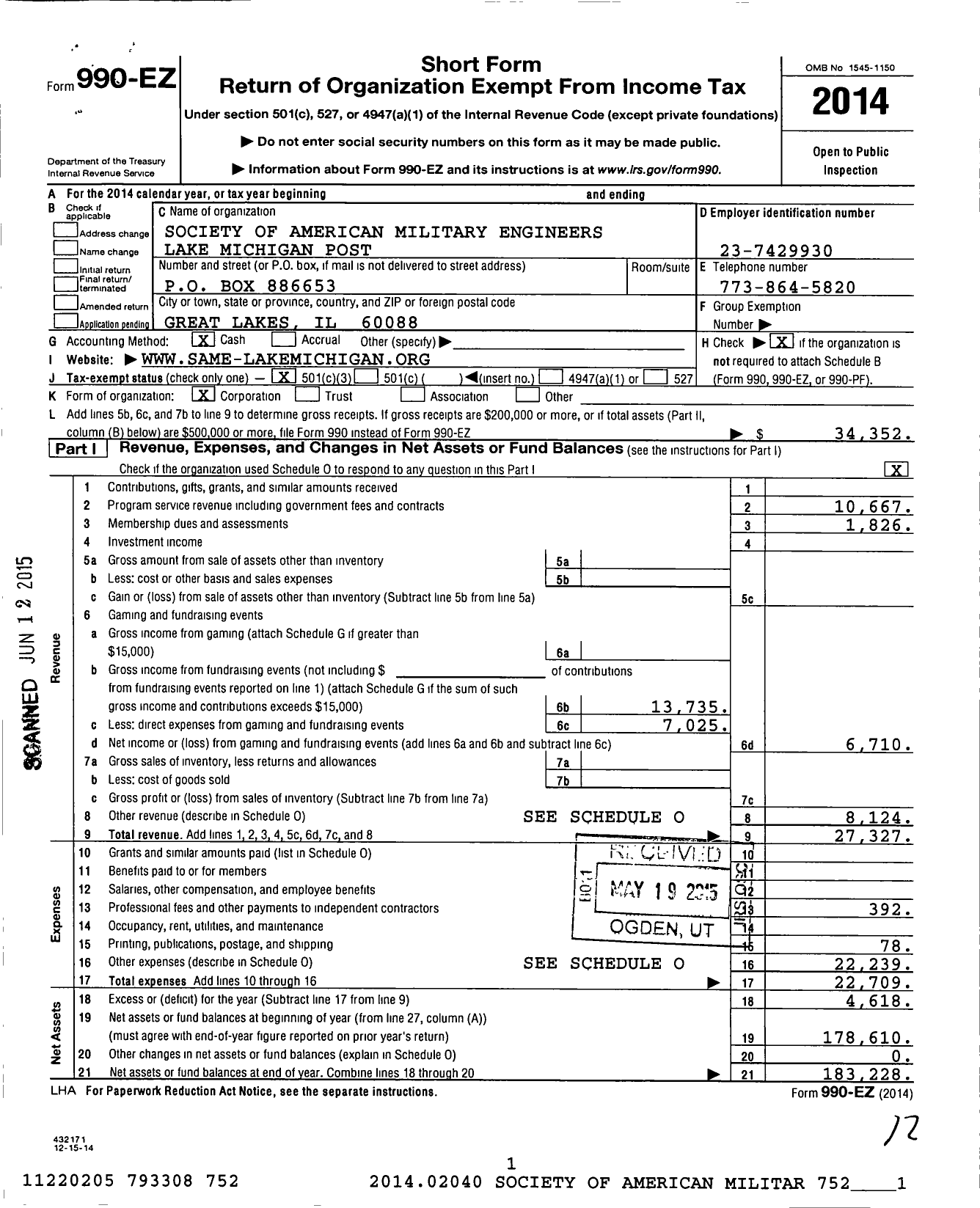 Image of first page of 2014 Form 990EZ for Society of American Military Engineers / S A M E Lake Michigan Post