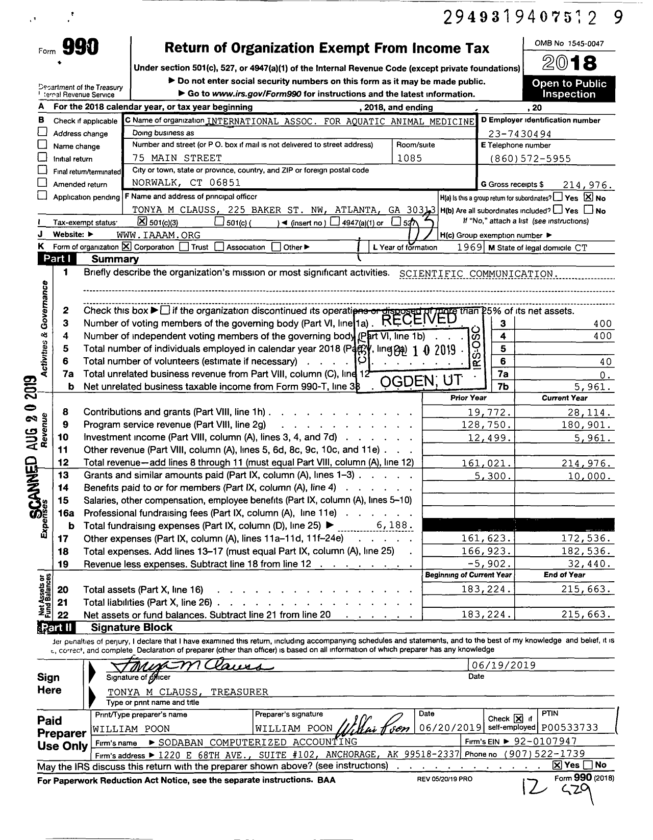 Image of first page of 2018 Form 990 for International Association for Aquatic Animal Medicine