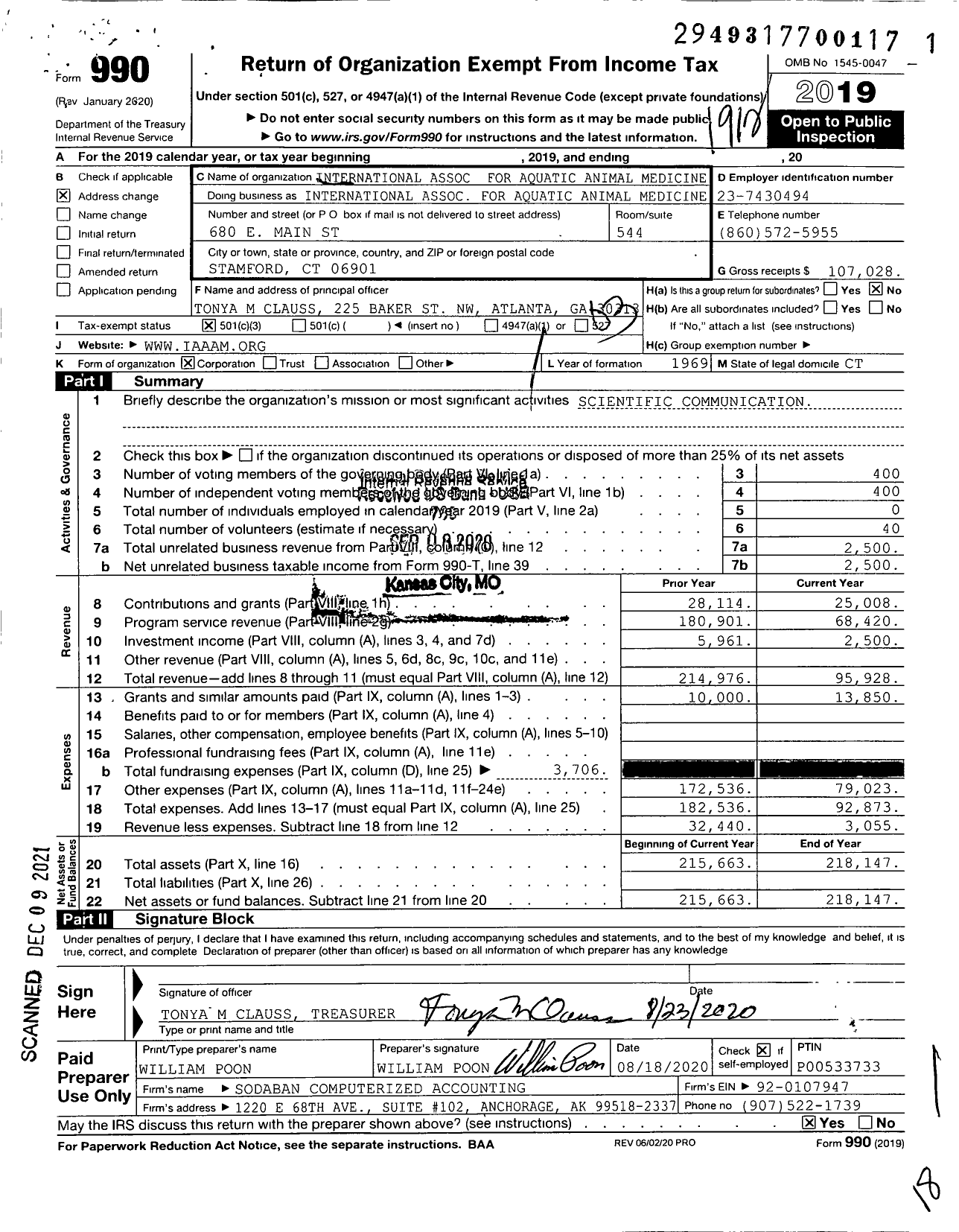 Image of first page of 2019 Form 990 for International Association for Aquatic Animal Medicine