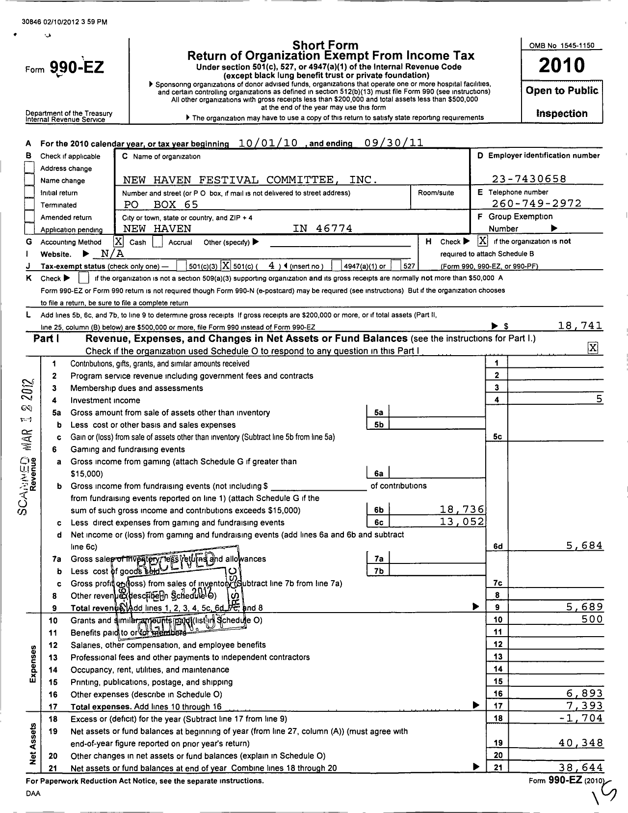 Image of first page of 2010 Form 990EO for New Haven Festival Committee