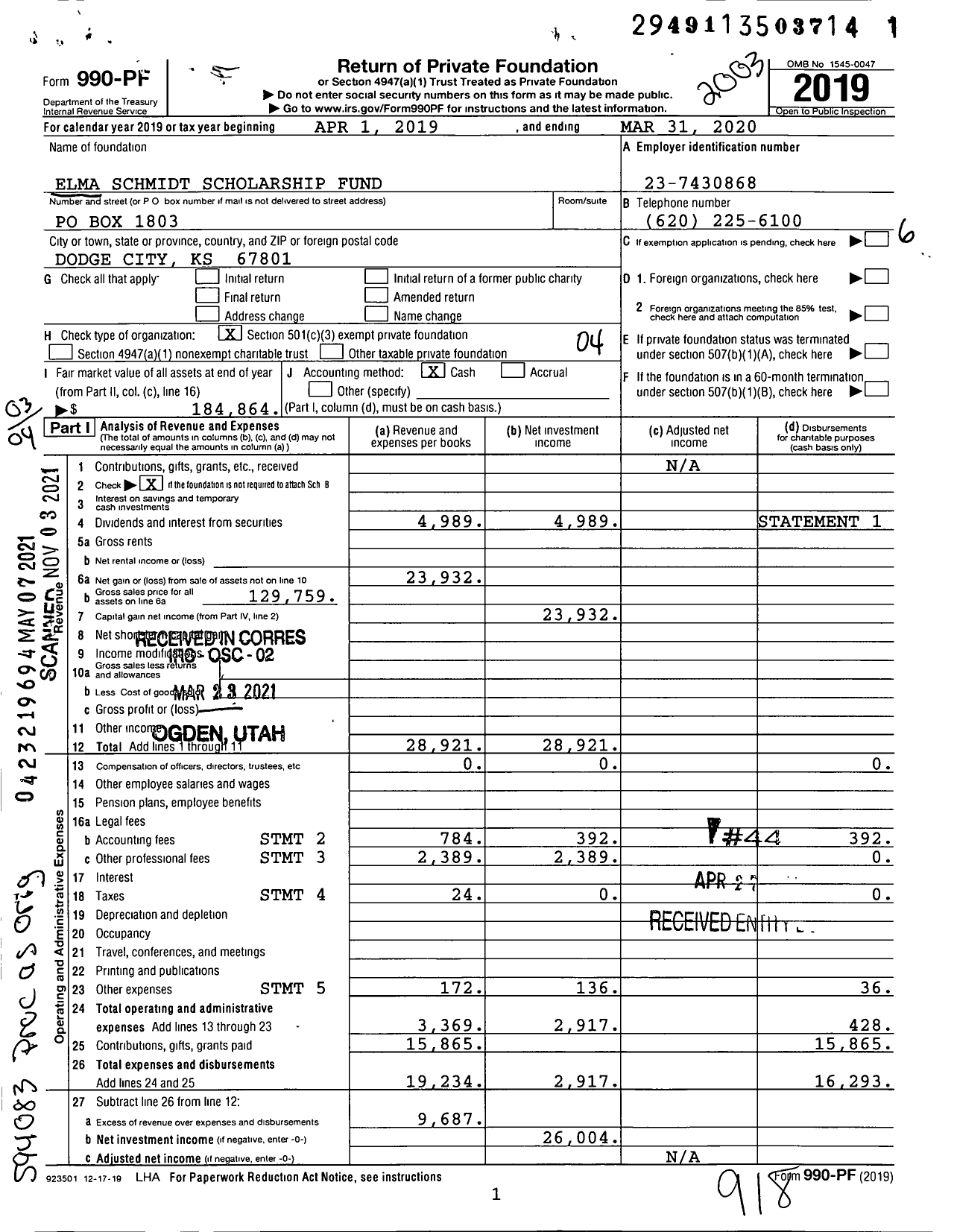 Image of first page of 2019 Form 990PF for Elma Schmidt Scholarship Fund