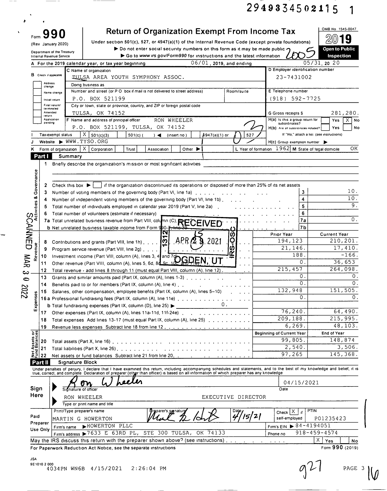 Image of first page of 2019 Form 990 for Tulsa Youth Symphony