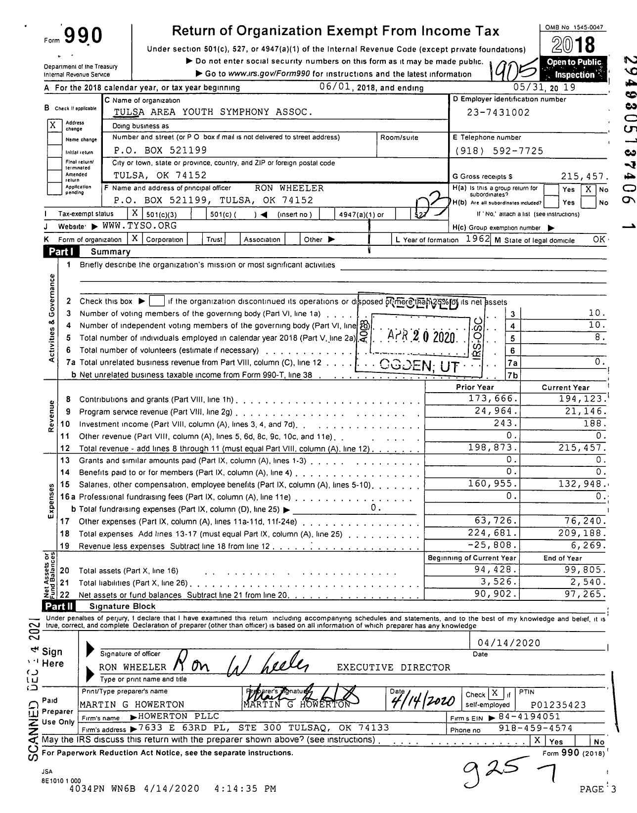 Image of first page of 2018 Form 990 for Tulsa Youth Symphony