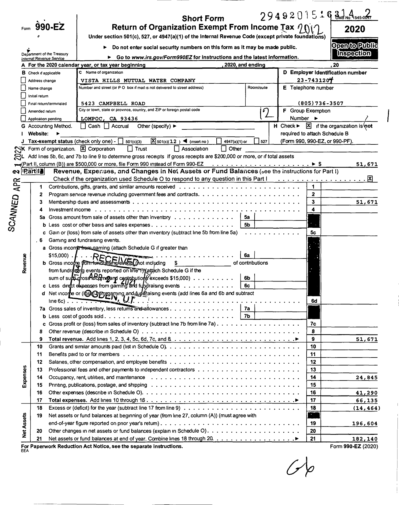 Image of first page of 2020 Form 990EO for Vista Hills Mutual Water Company