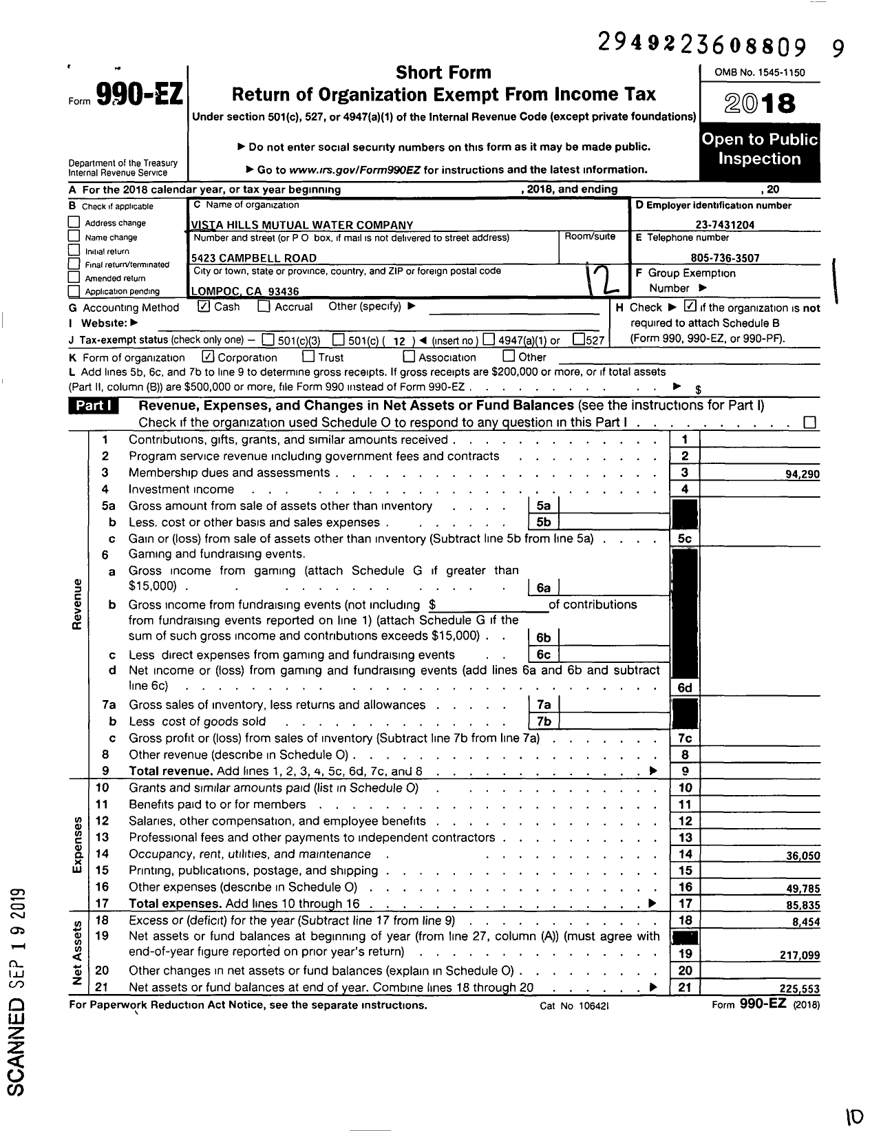 Image of first page of 2018 Form 990EO for Vista Hills Mutual Water Company