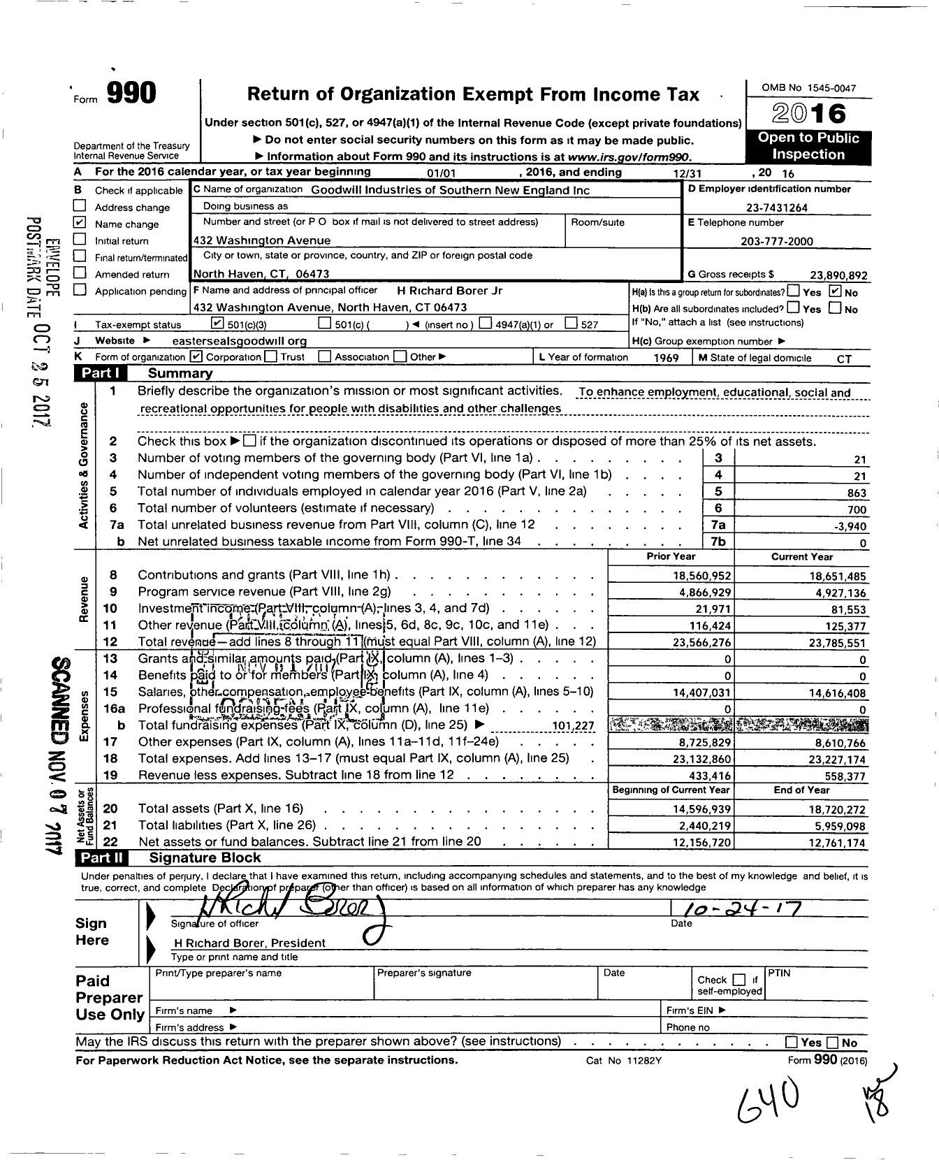 Image of first page of 2016 Form 990 for Goodwill Industries of Southern New England