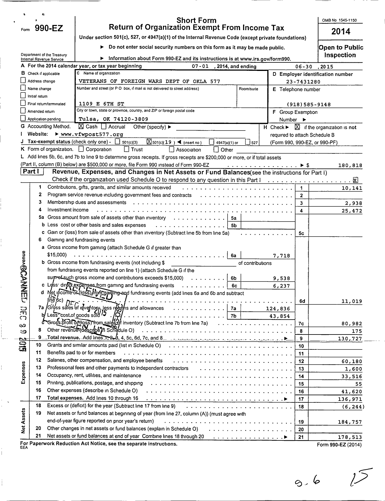 Image of first page of 2014 Form 990EO for Veterans of Foreign Wars of the United States Dept of Oklahoma - 577