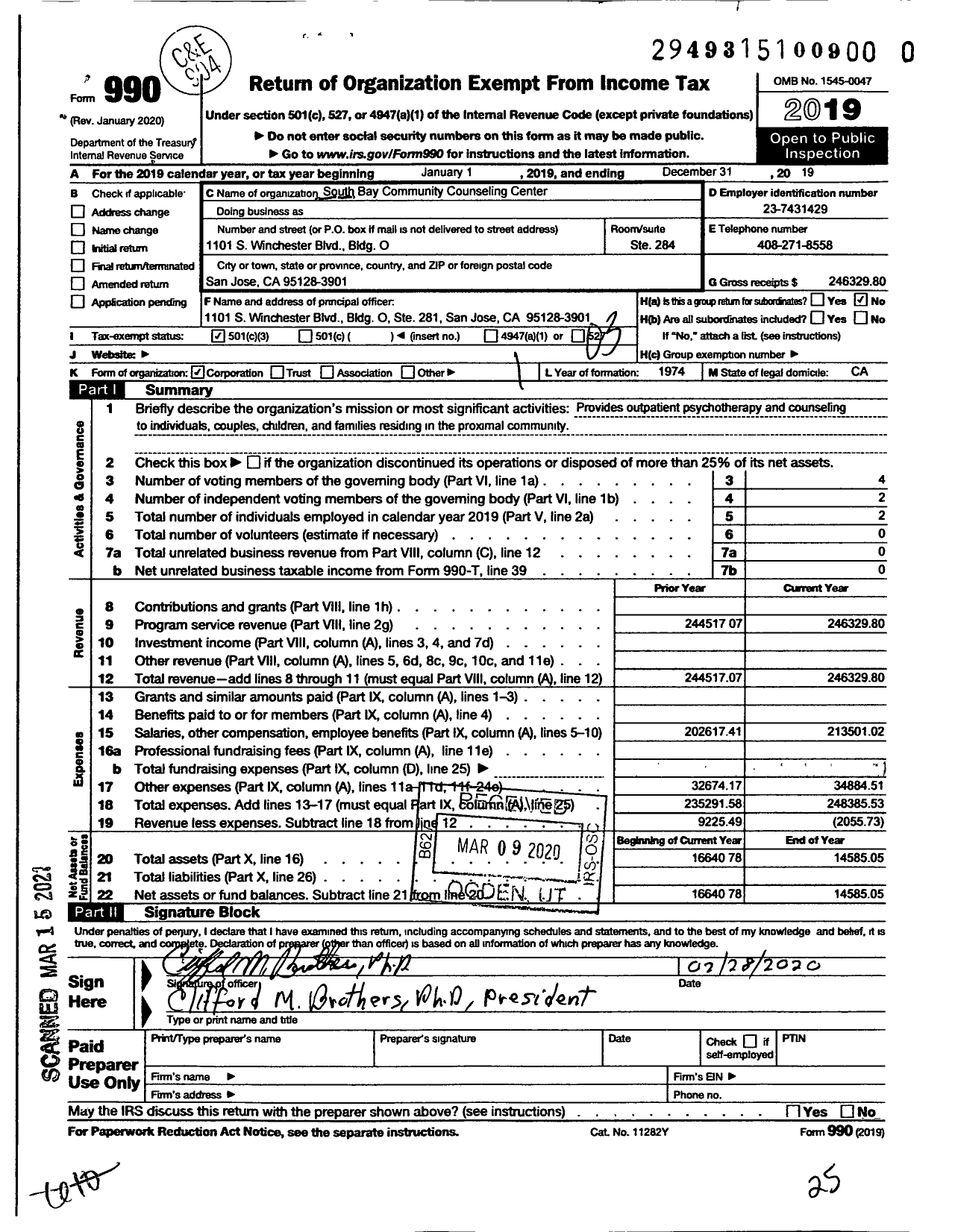 Image of first page of 2019 Form 990 for South Bay Community Counseling Center